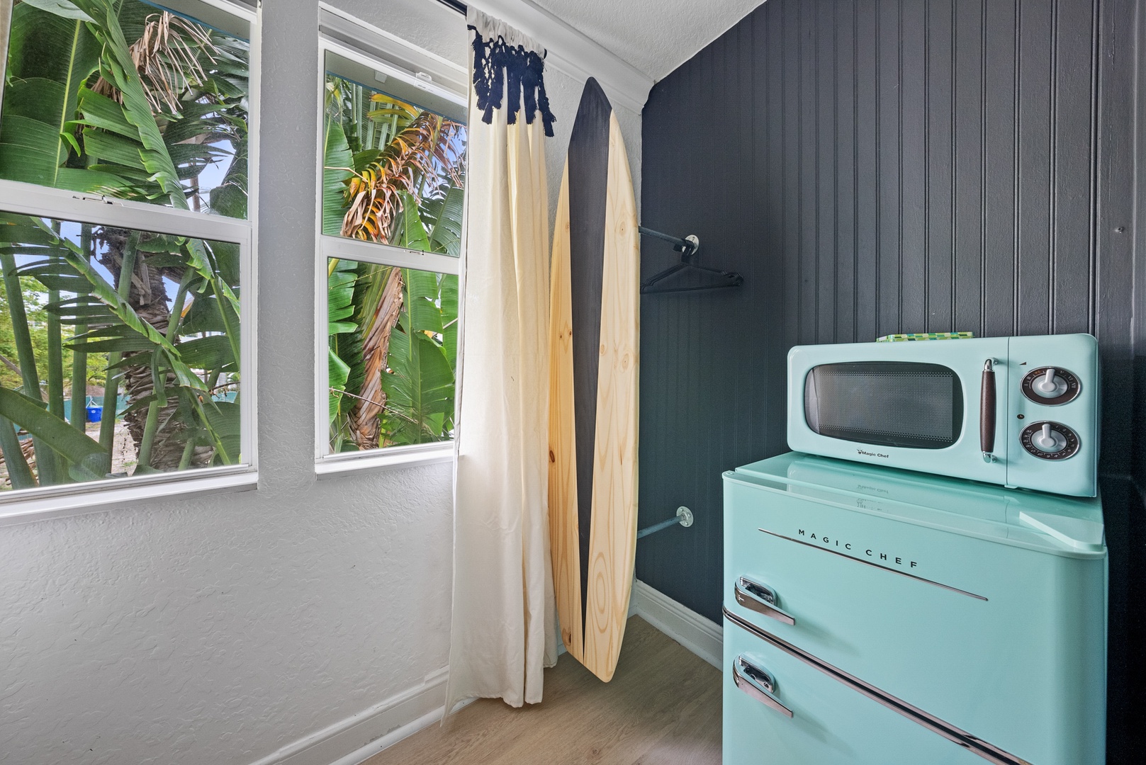 Retro Mini Fridge and Microwave and Gorgeous Surfboard Closet