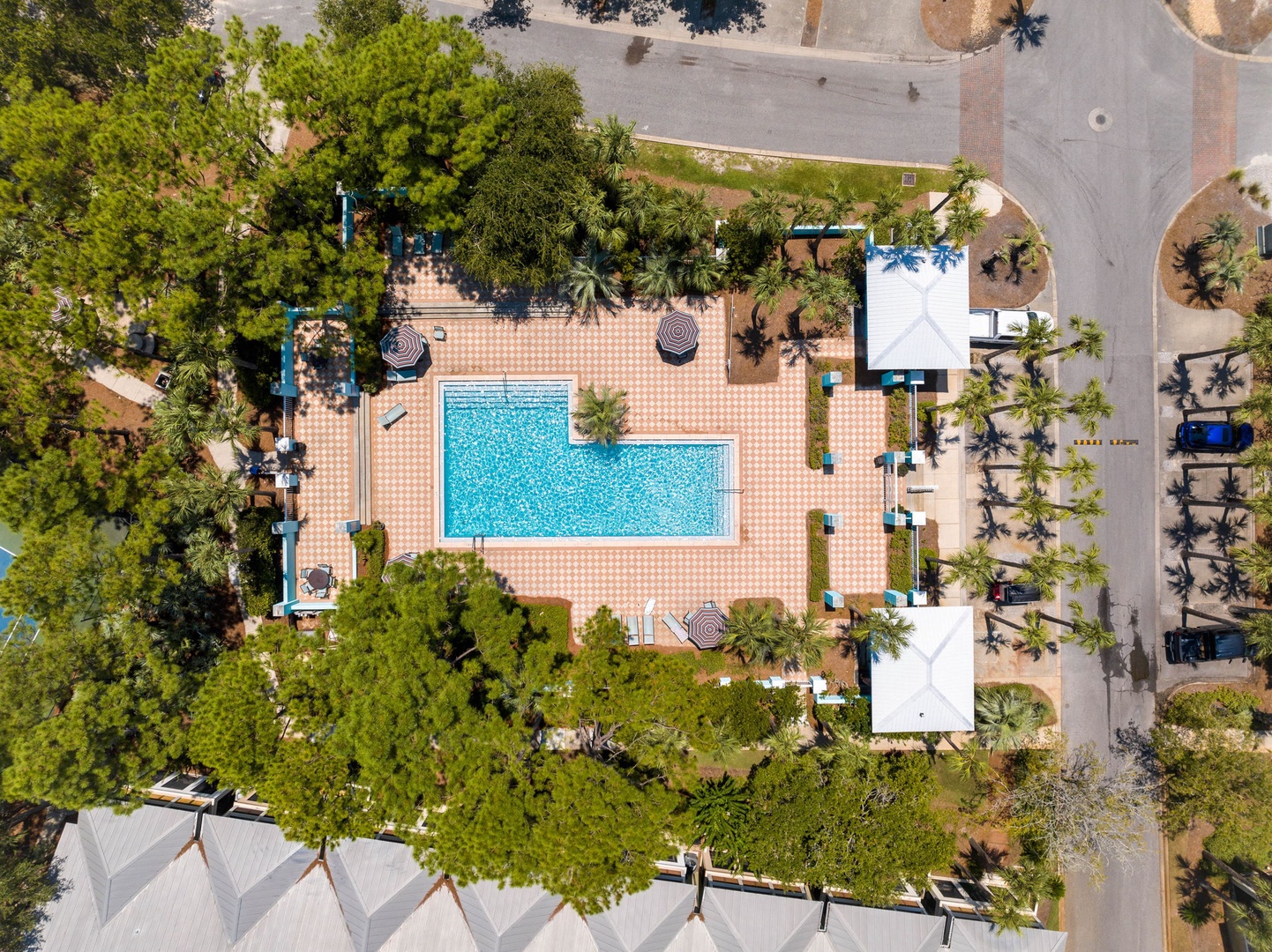Aerial view reveals the property's stunning pool area surrounded by lush tropical palms and manicured grounds.