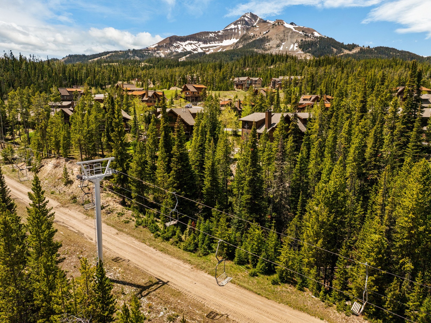 A mountain resort community nestled among evergreen forests with ski-lift access and dramatic alpine peaks towering above, offering year-round recreation and natural beauty.