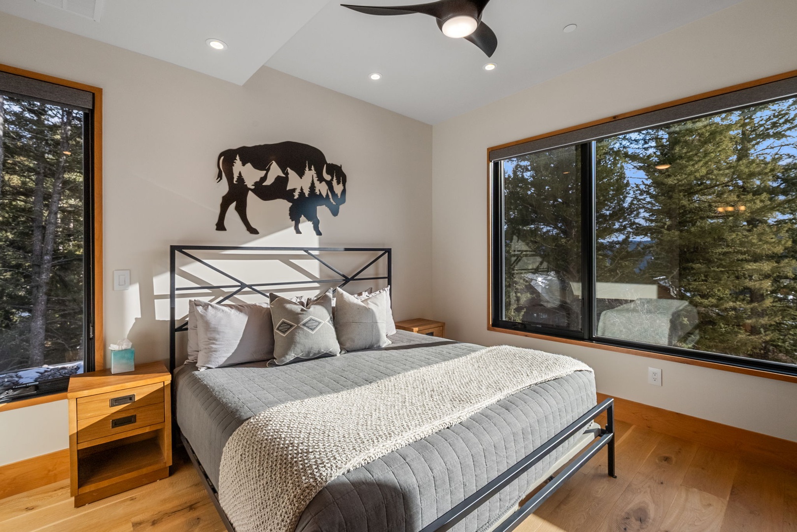 Rest peacefully in your mountain retreat with forest views from both sides. The rustic buffalo art and cozy linens create perfect wilderness ambiance.