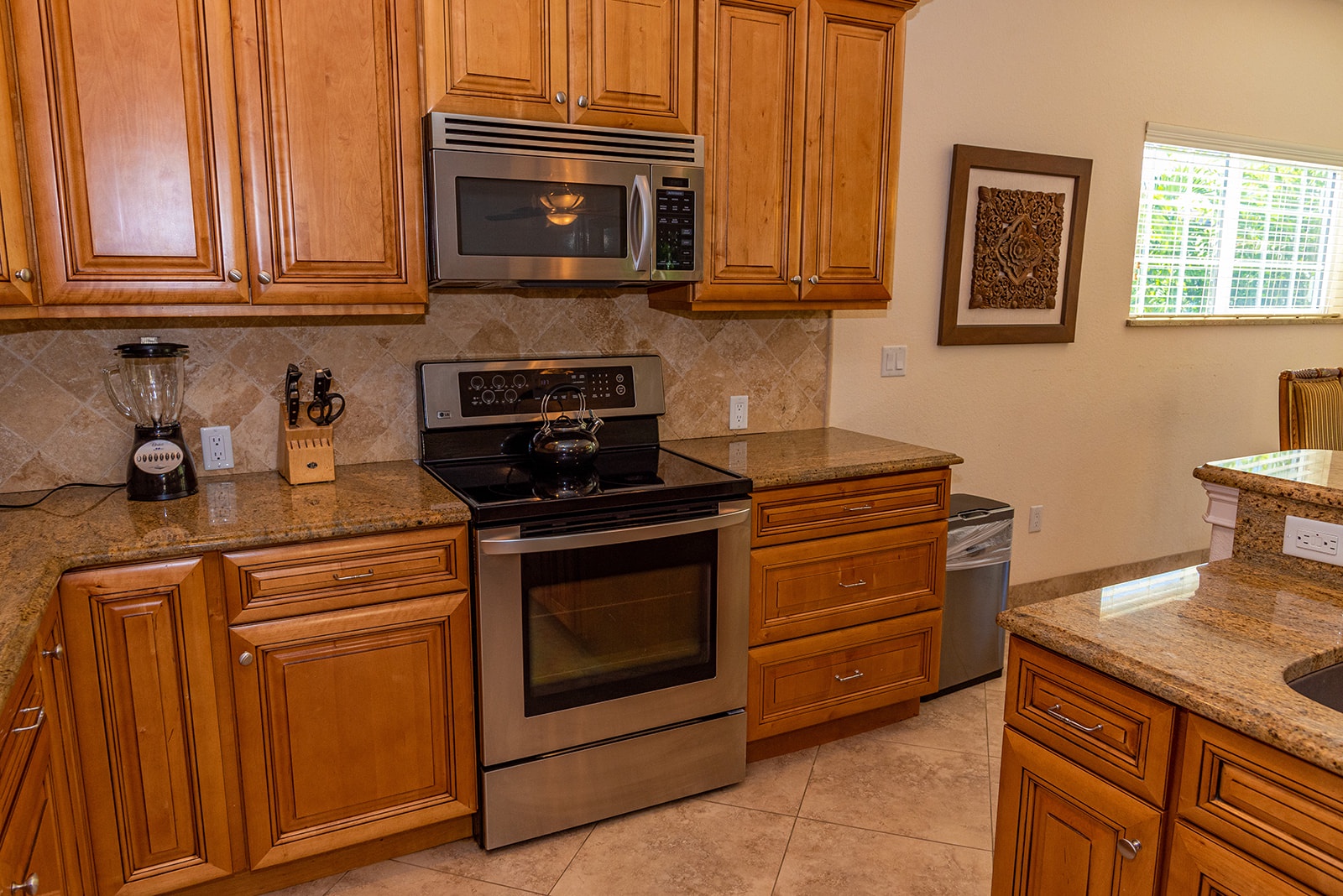 Stainless appliances and a blender for frozen drinks!