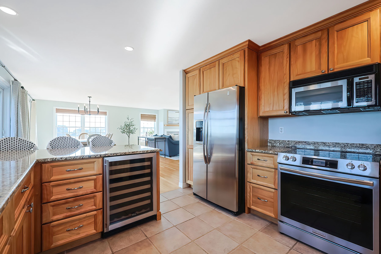 Modern kitchen with wine fridge.