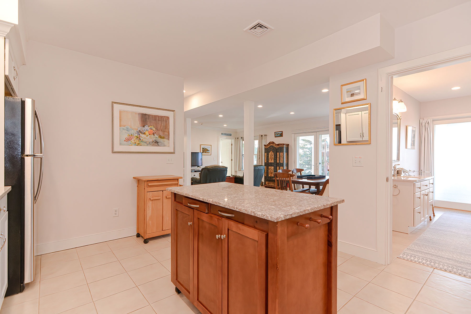 View from kitchen overlooking the living open layout living area.