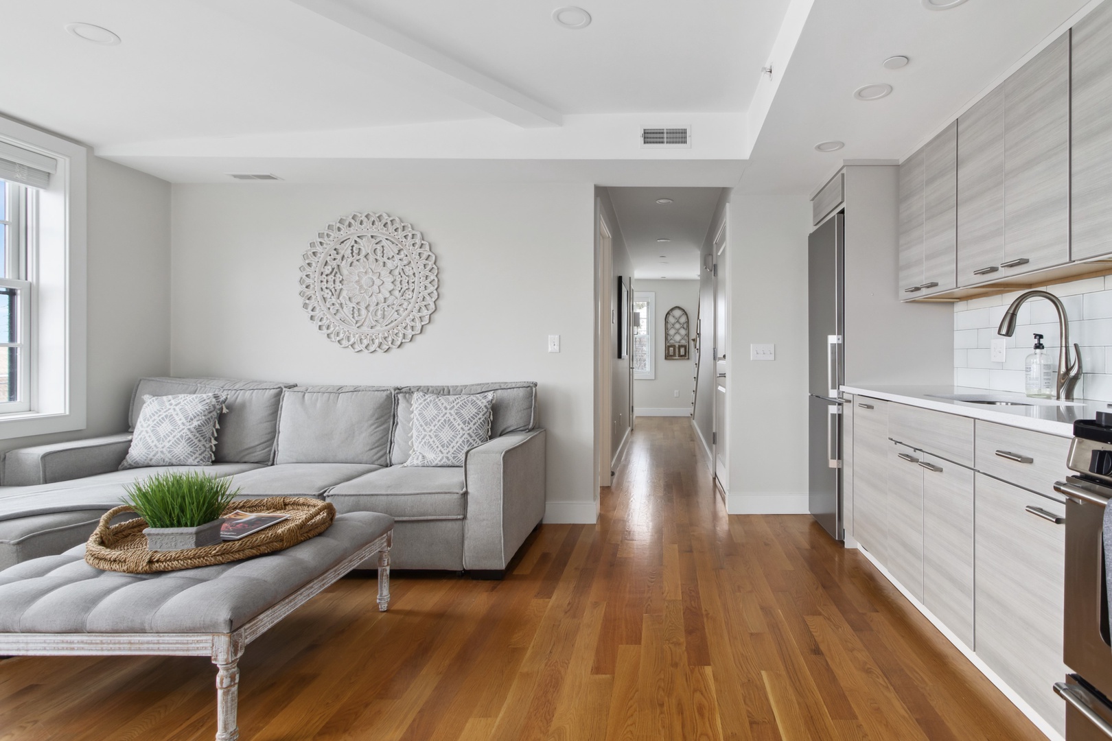 Open living, dining and kitchen.