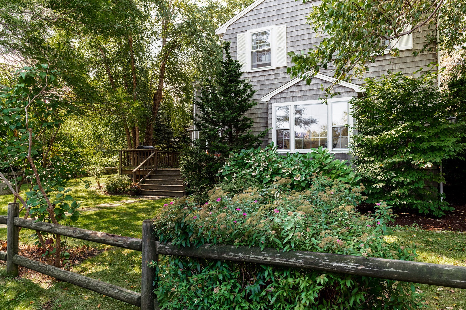 The side yard and deck.