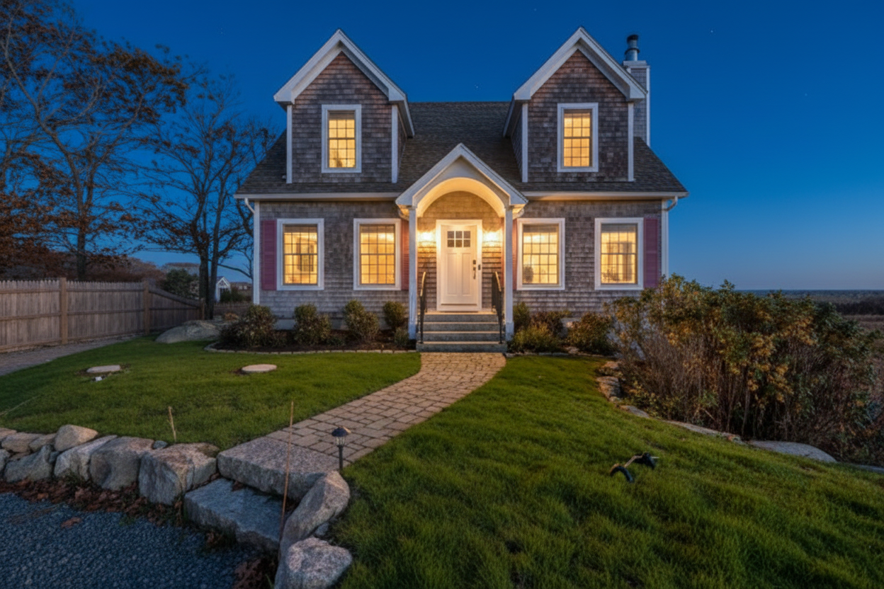 Cape Hedge house at night.