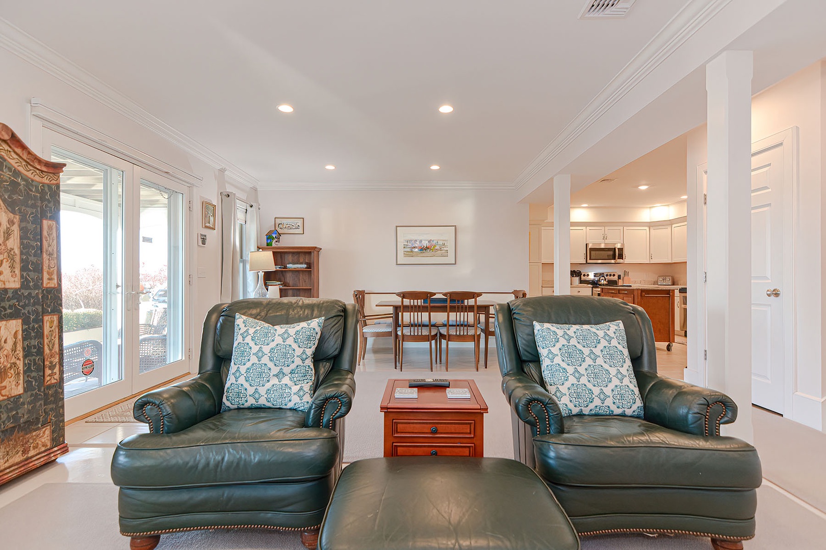 Living room overlooking the dining area and kitchen.