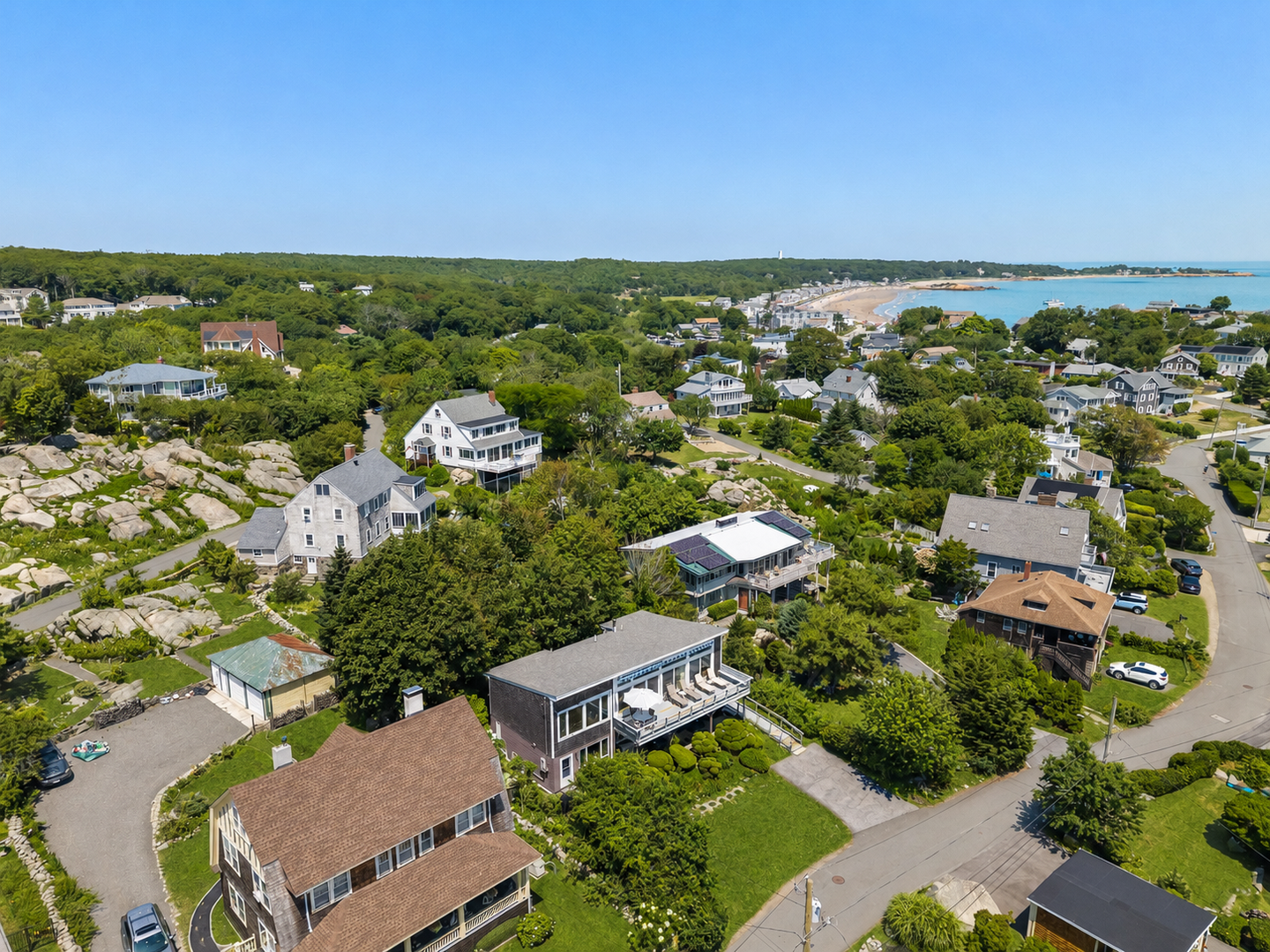 Aerial view of house and neighborhood.