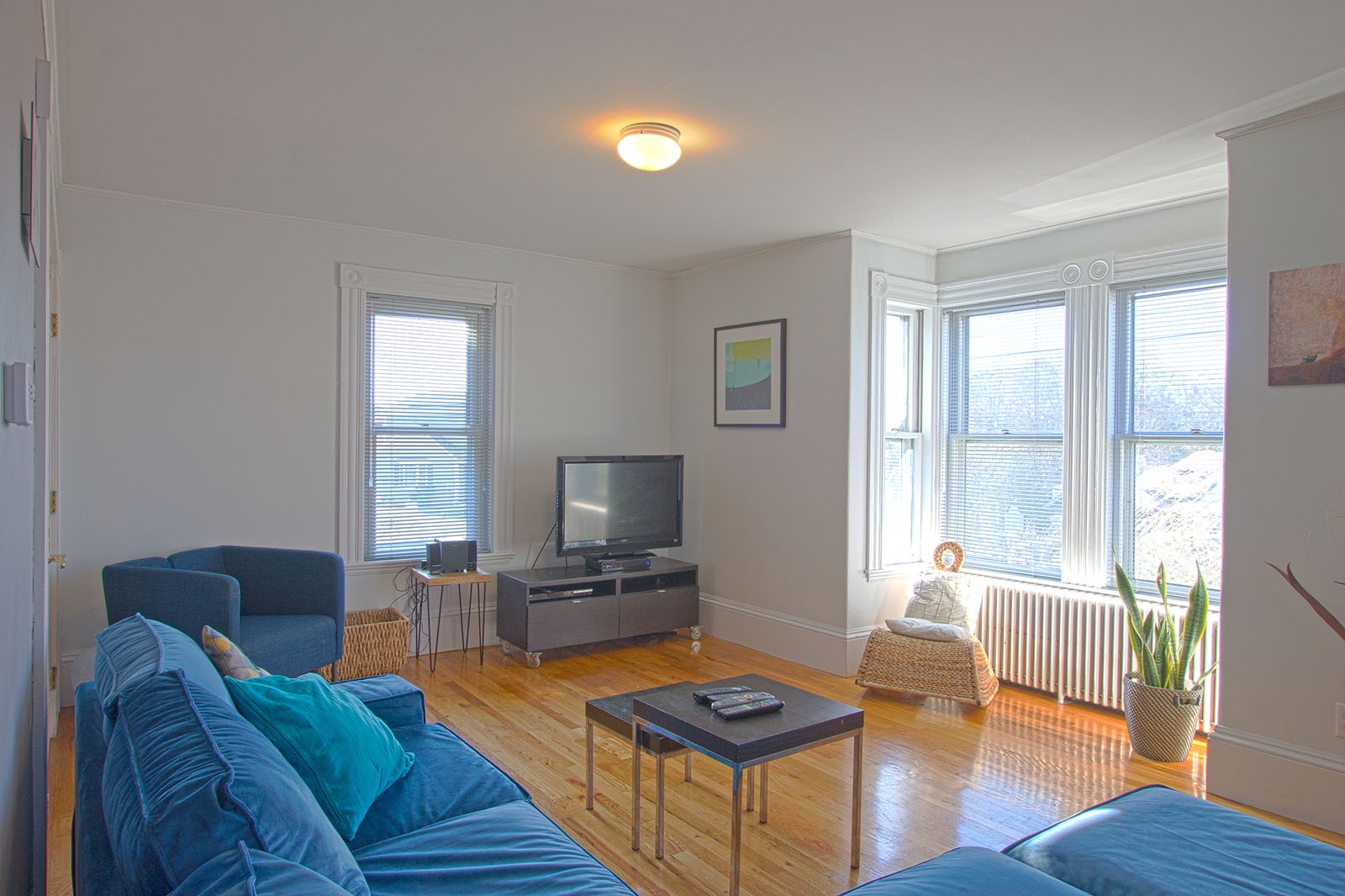 A bay window lets in lots of sunlight in the living room.