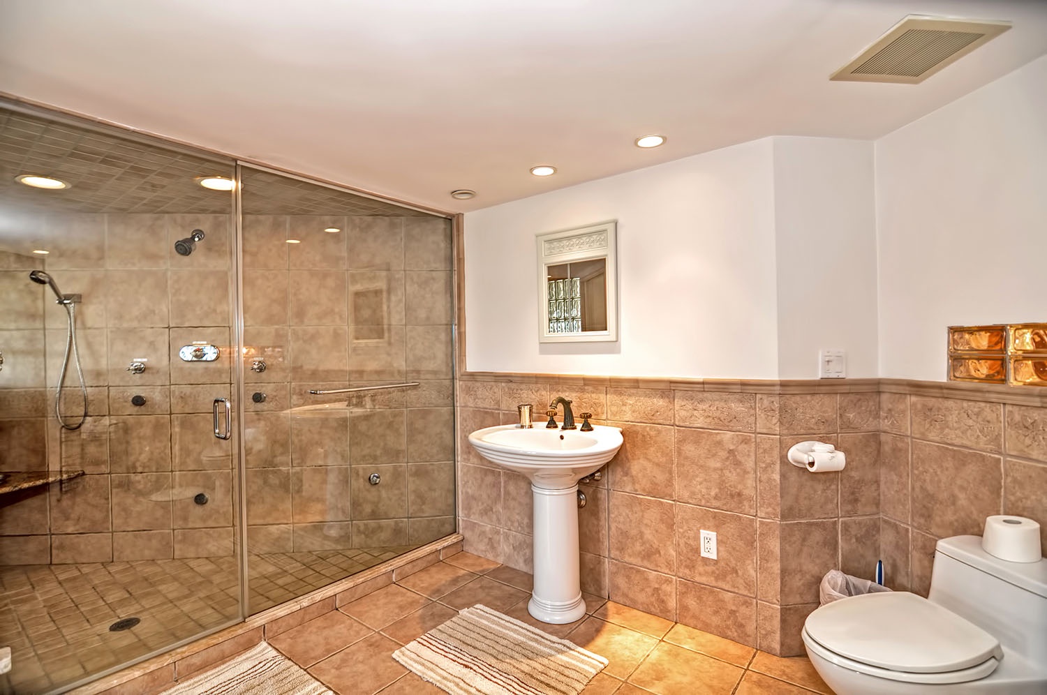 The enormous bathroom contains a very large walk-in shower.