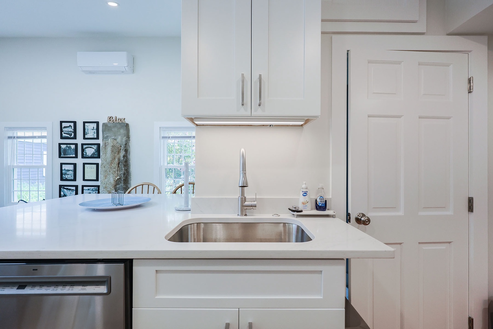 Kitchen sink and counter space.