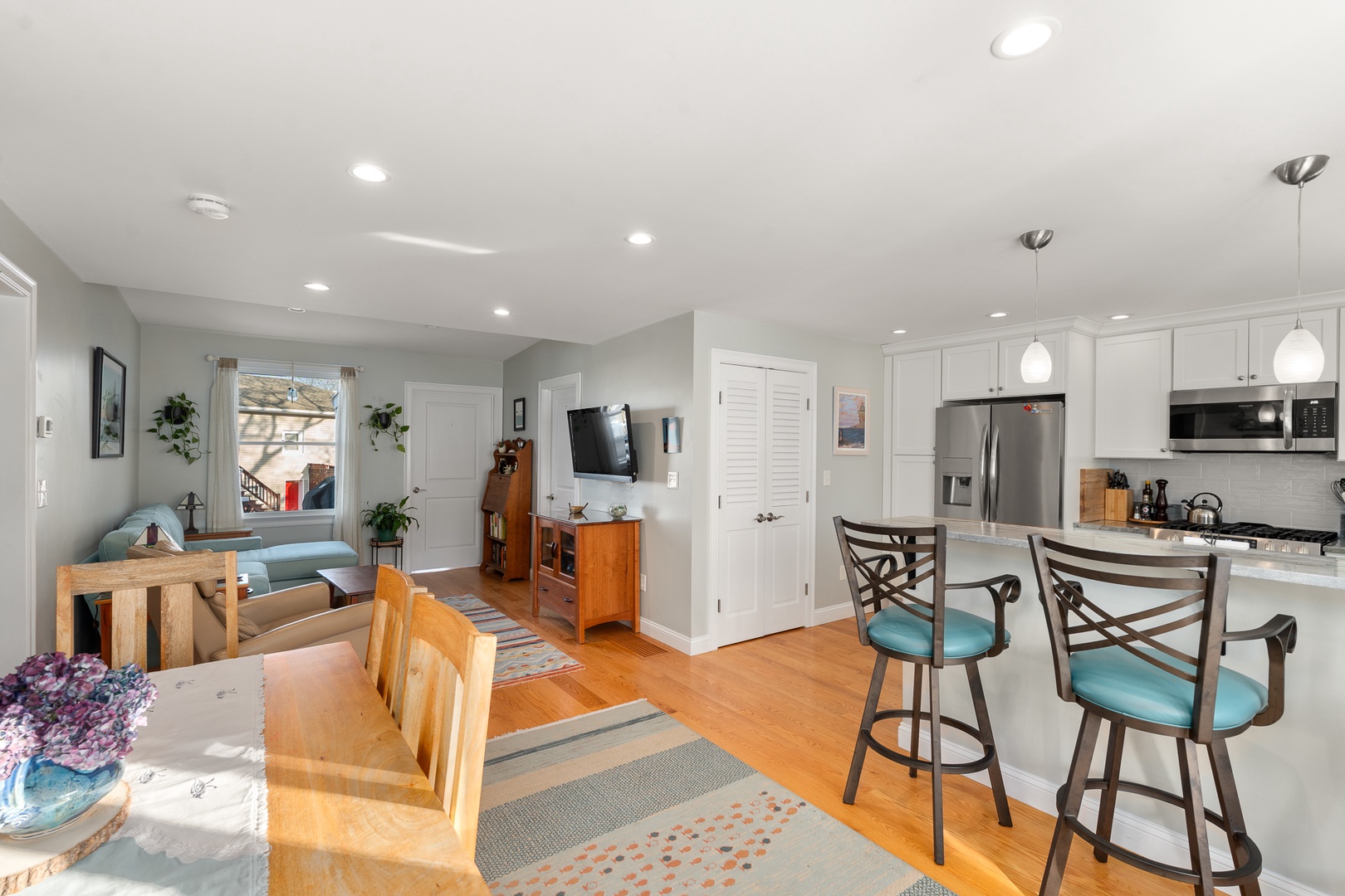 The kitchen is located just off the living room.