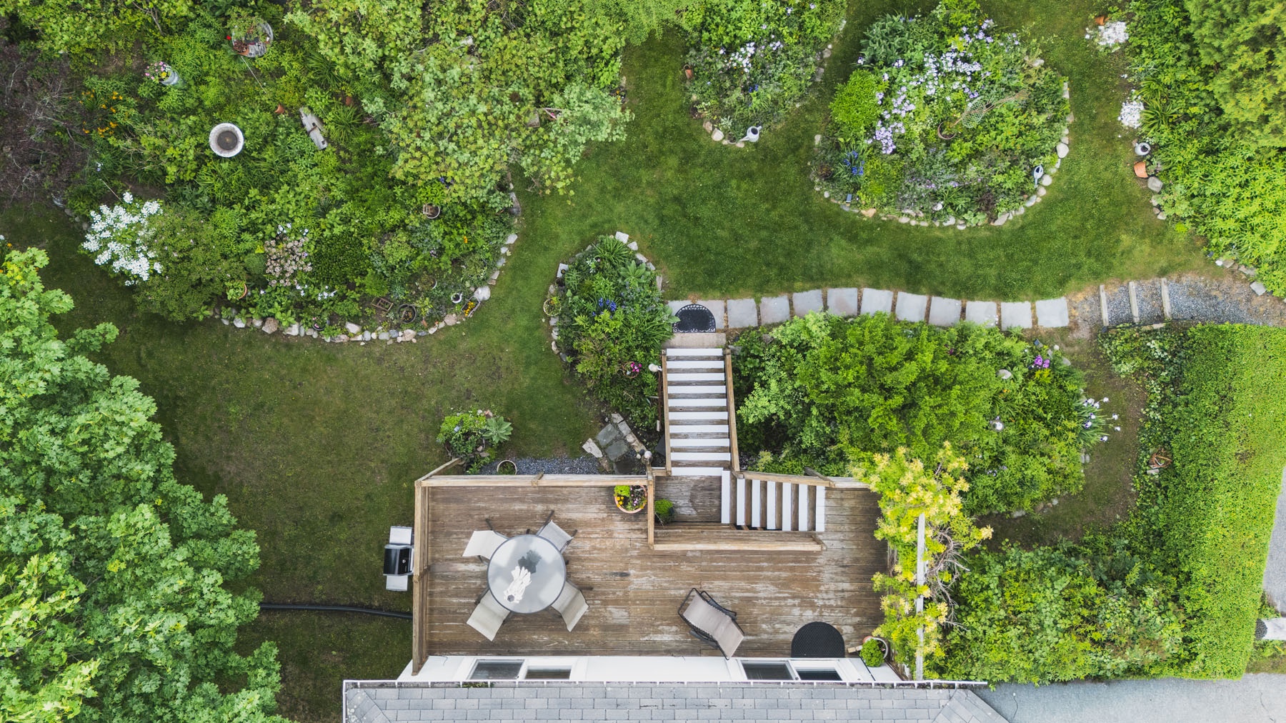 Bird's eye view of the house and deck.