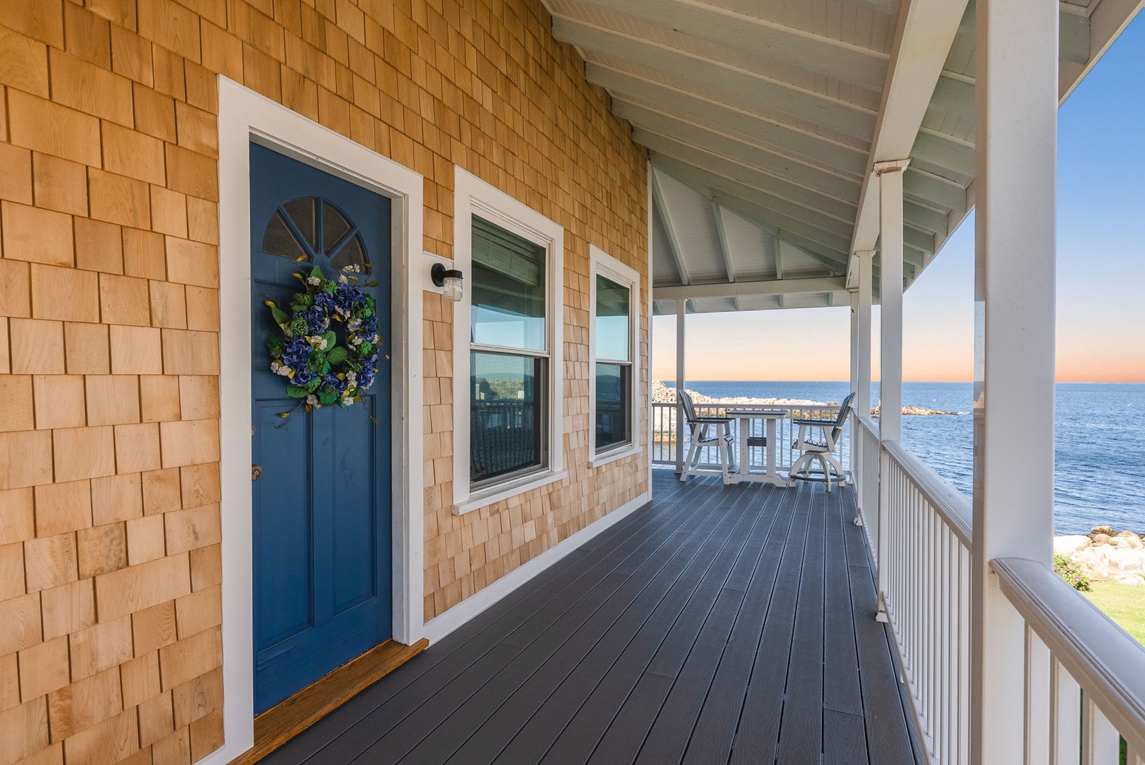 Step out of the living room onto the large back deck.