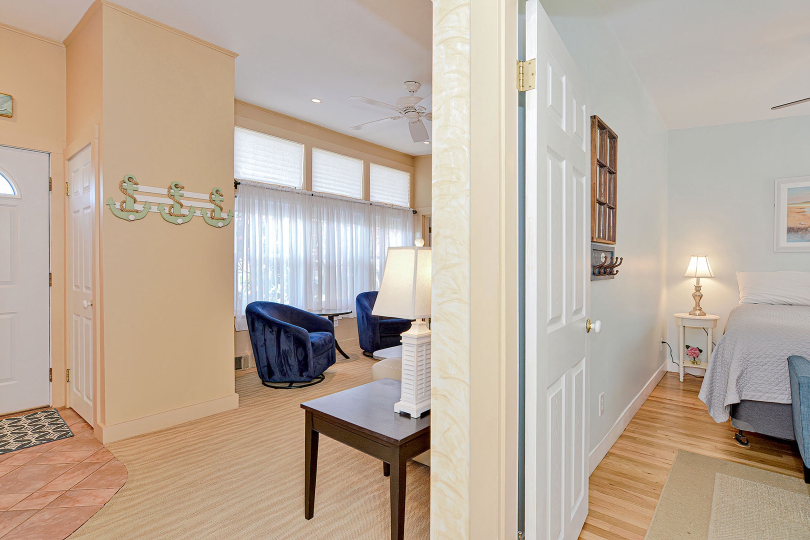 The primary bedroom is located just off the living room.
