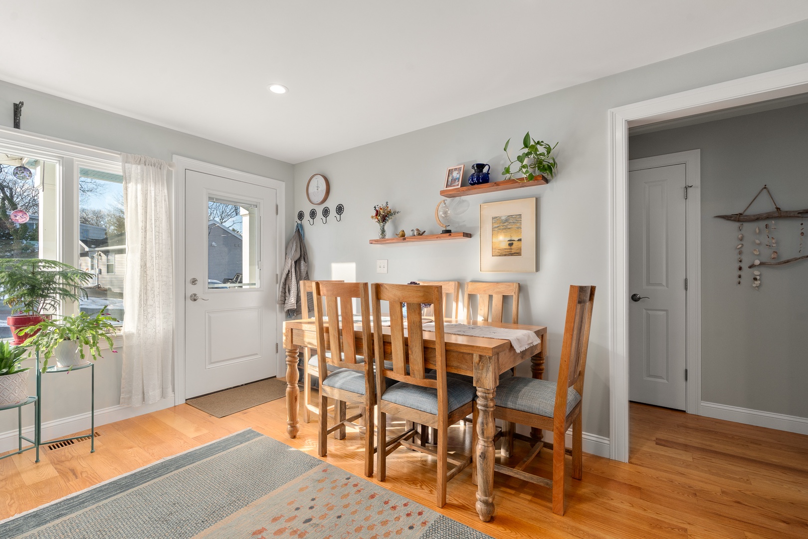 The dining table seats up to 6.