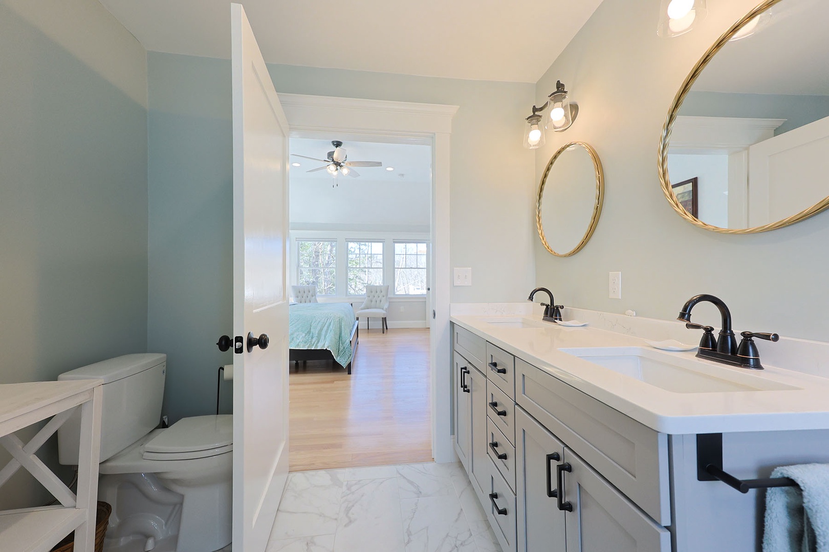 Bathroom vanity with double sinks.