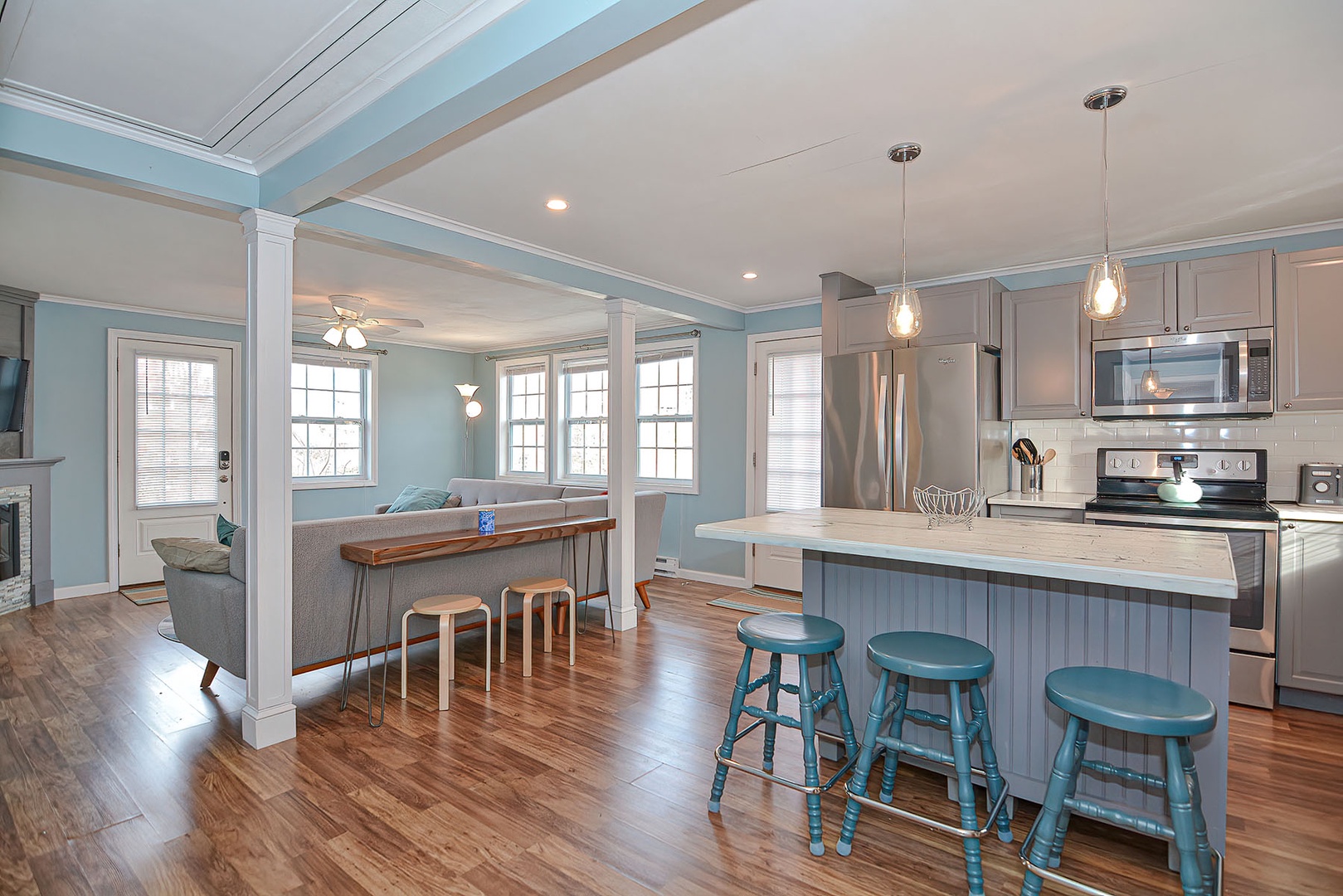 View of the open plan from the kitchen to living room.