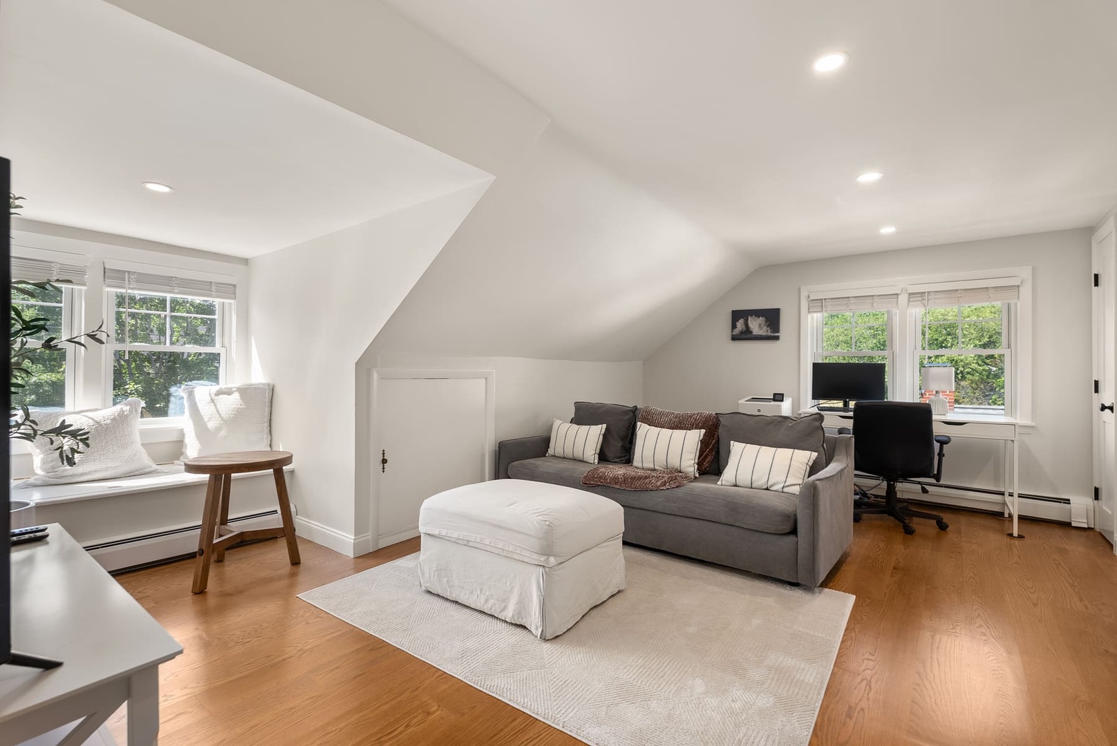 This living room also features a TV and green views out the windows.