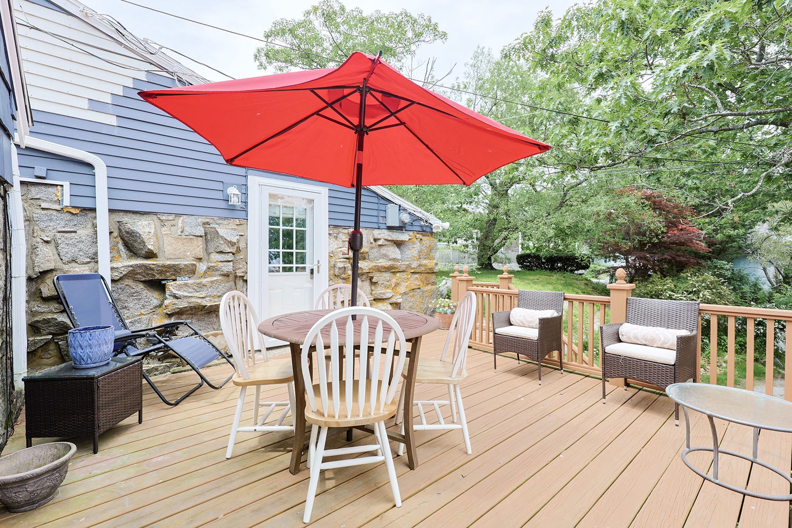 The deck has ample seating.