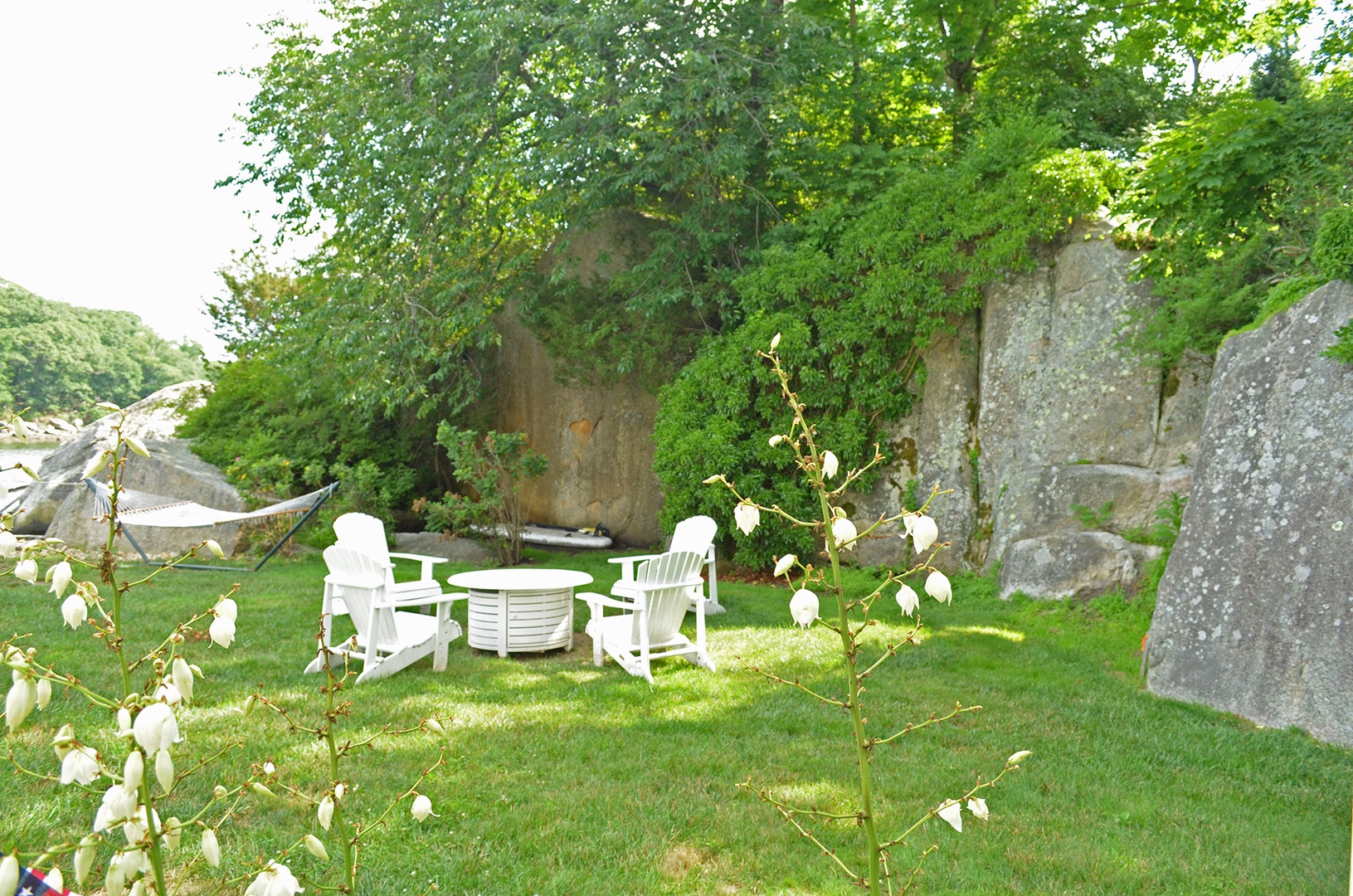 The tranquil back yard is surrounded by natural beauty. 