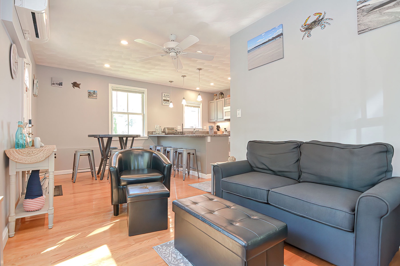 View of the kitchen and dining area from the living room.