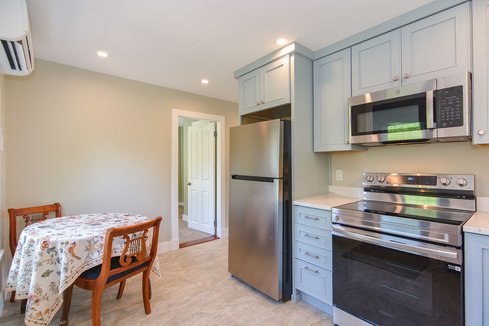 Kitchen has plenty of space for prep and storage.