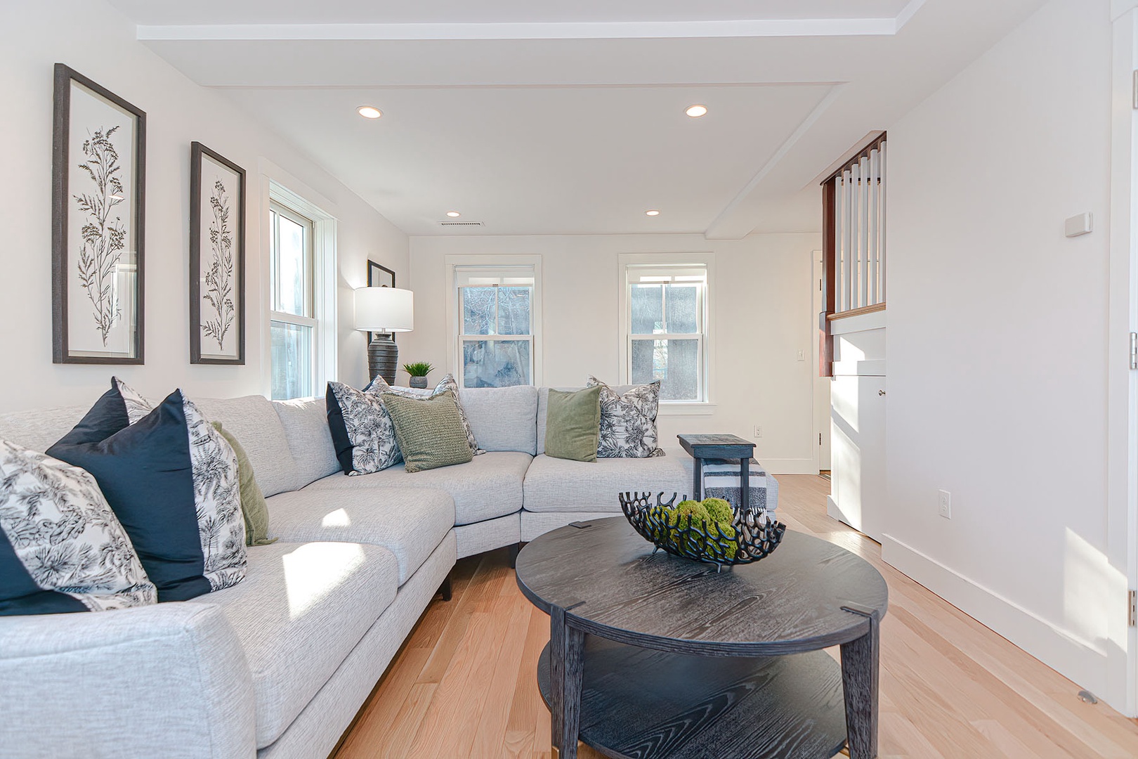 Living room with large section couch.