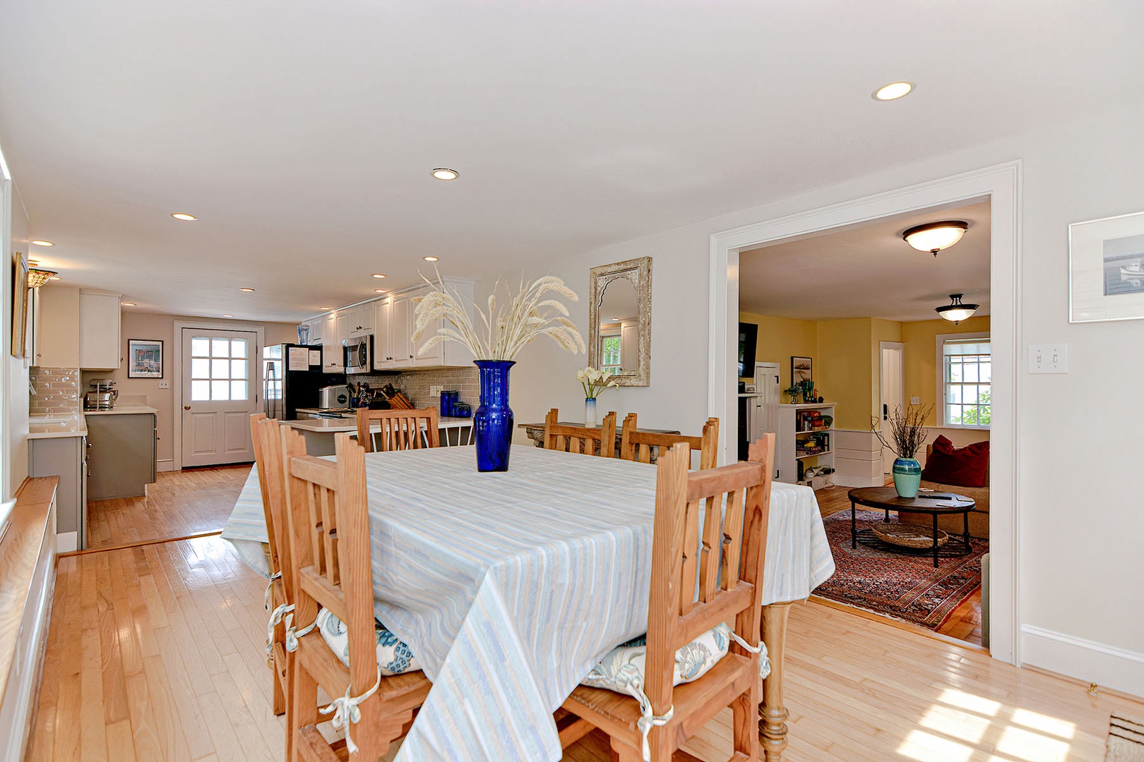 View of the kitchen and living room from the dining area.