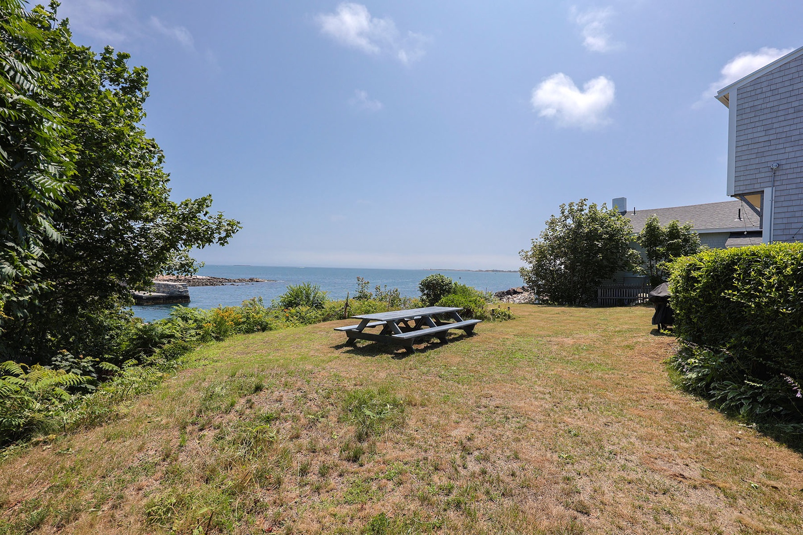 Picnic table in the waterfront back yard.