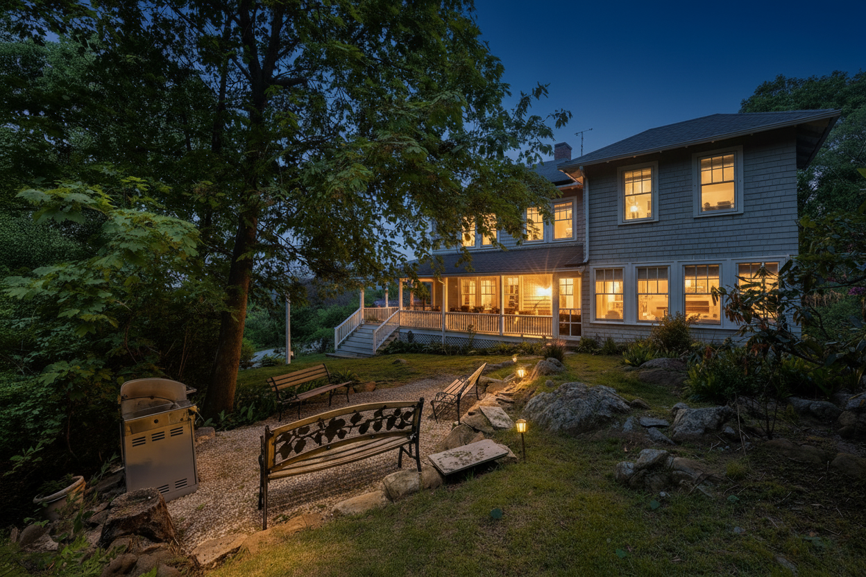 Charming lakeside retreat with welcoming outdoor seating area and fire pit, surrounded by mature trees and natural landscaping.