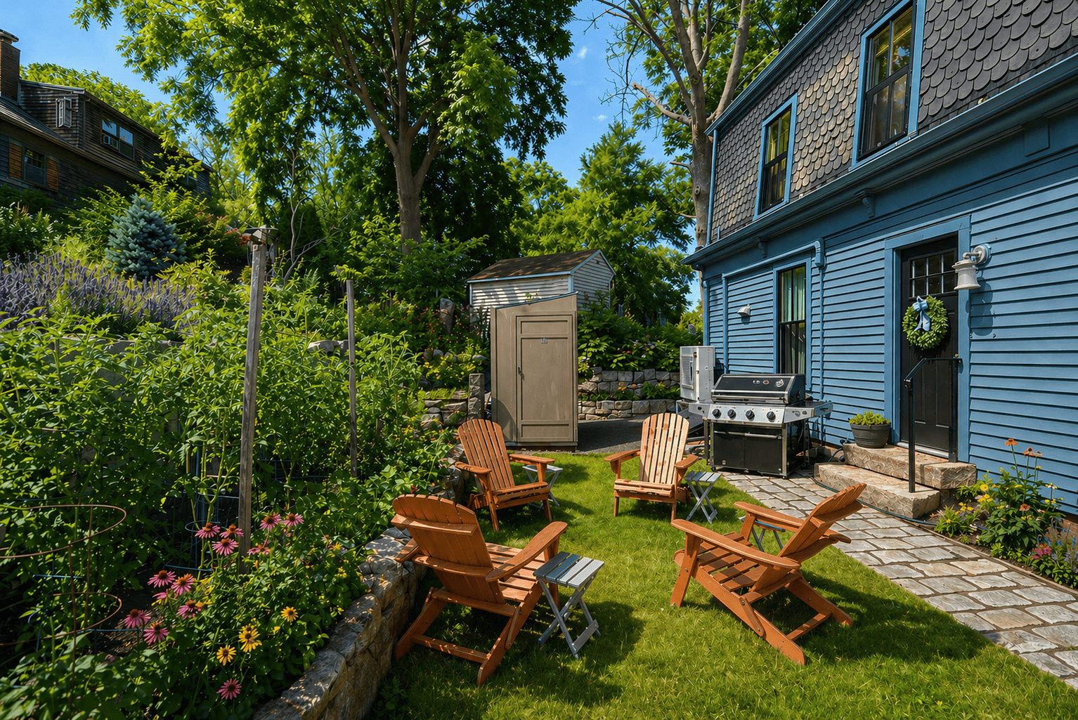 Relax on your private lawn, surrounded by a vibrant garden.