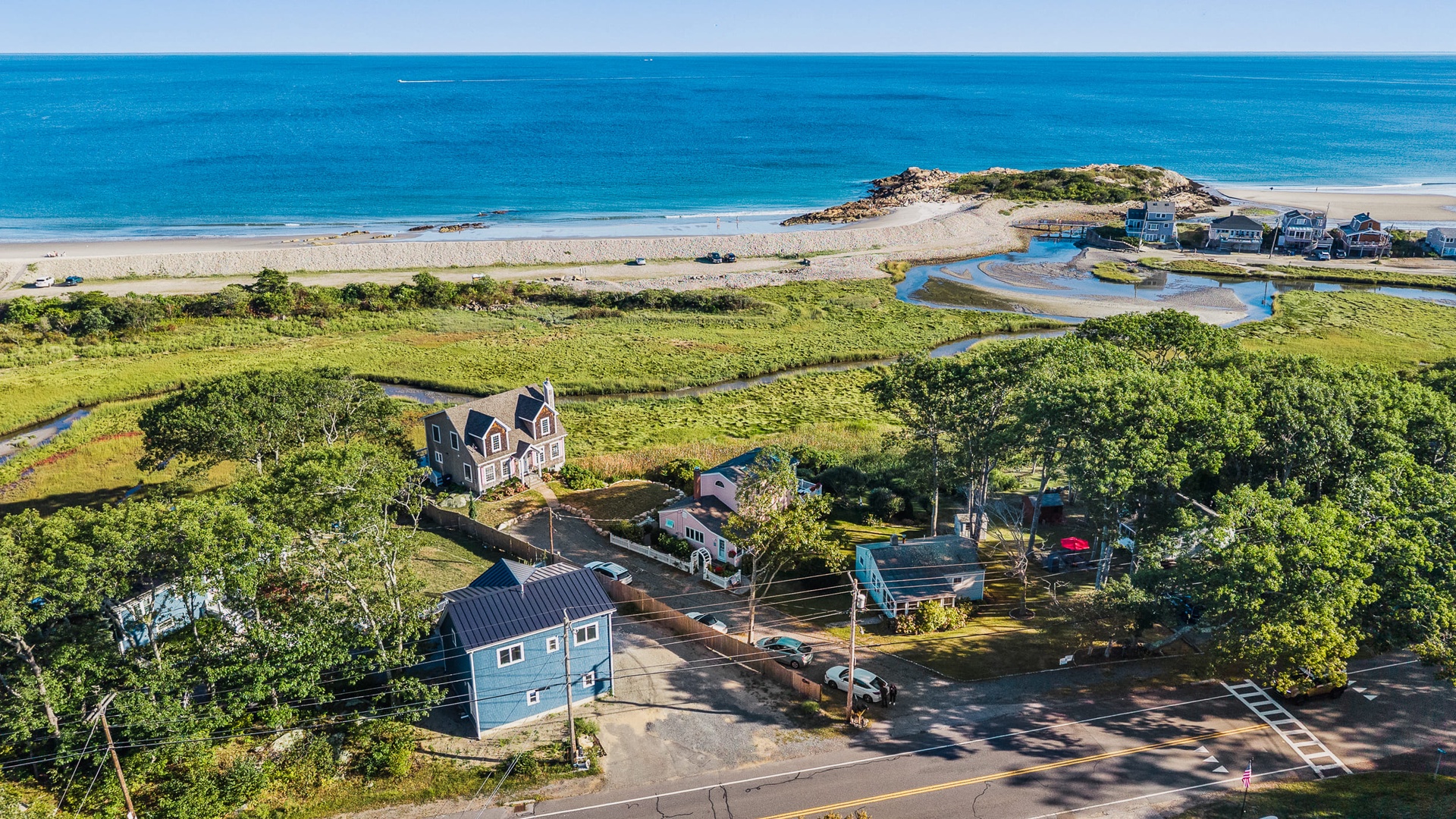 Aerial view of the house and Cape Hedge Beach.