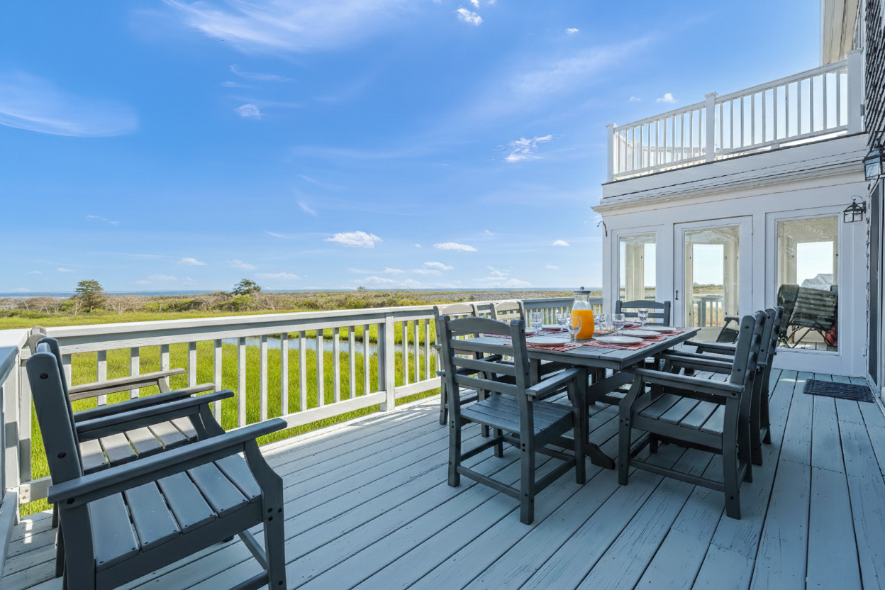 Enjoy ocean and marsh views from the deck.