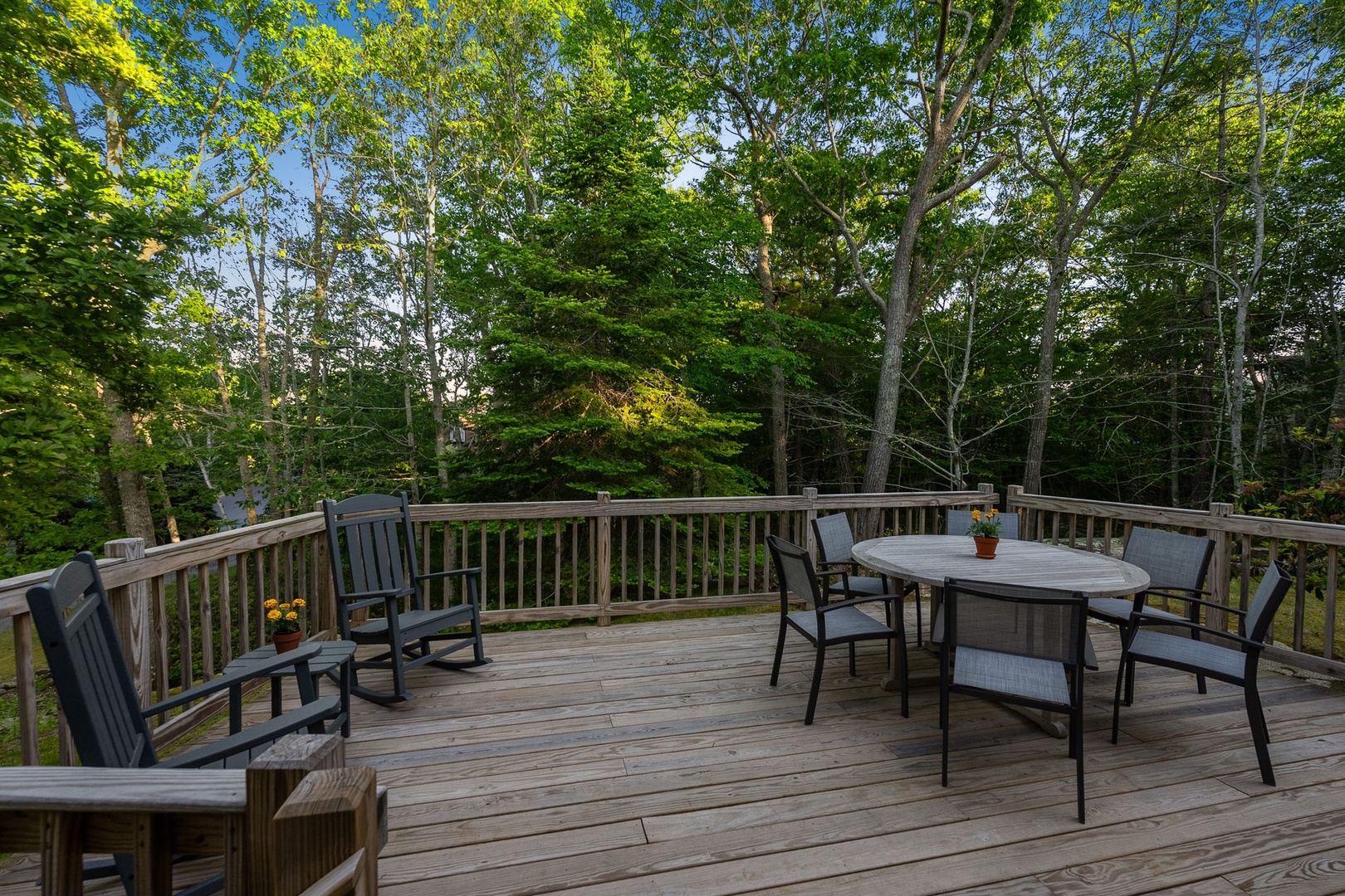 The spacious deck surrounded by greenery.
