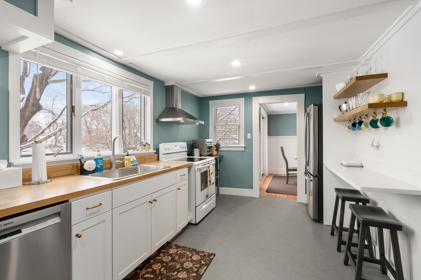 Kitchen includes ample storage and counter space.