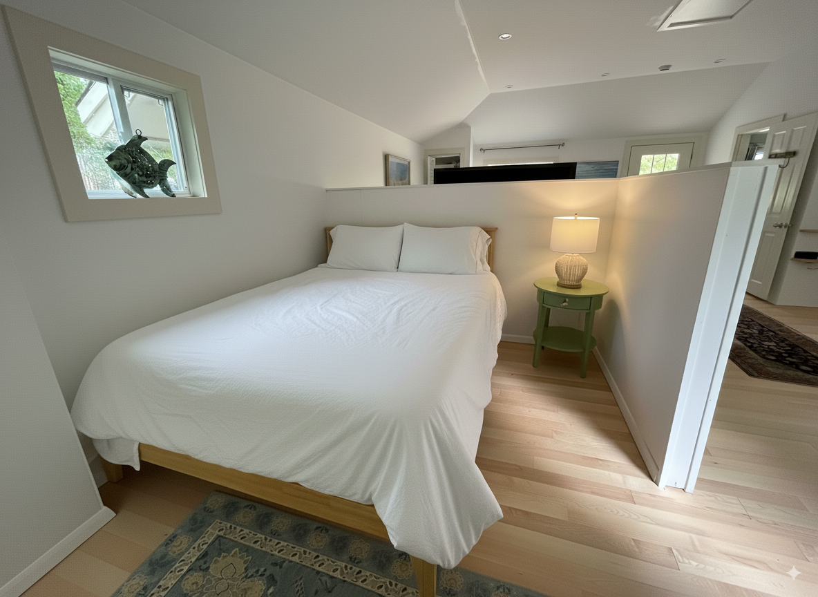 The Queen bed is in an alcove.