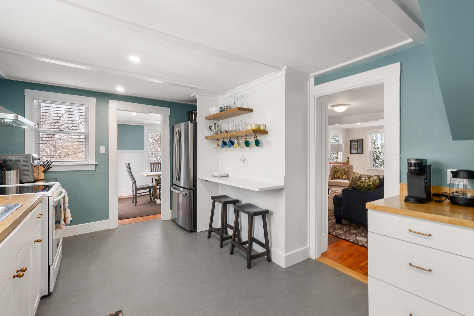 Kitchen includes a breakfast nook for two.