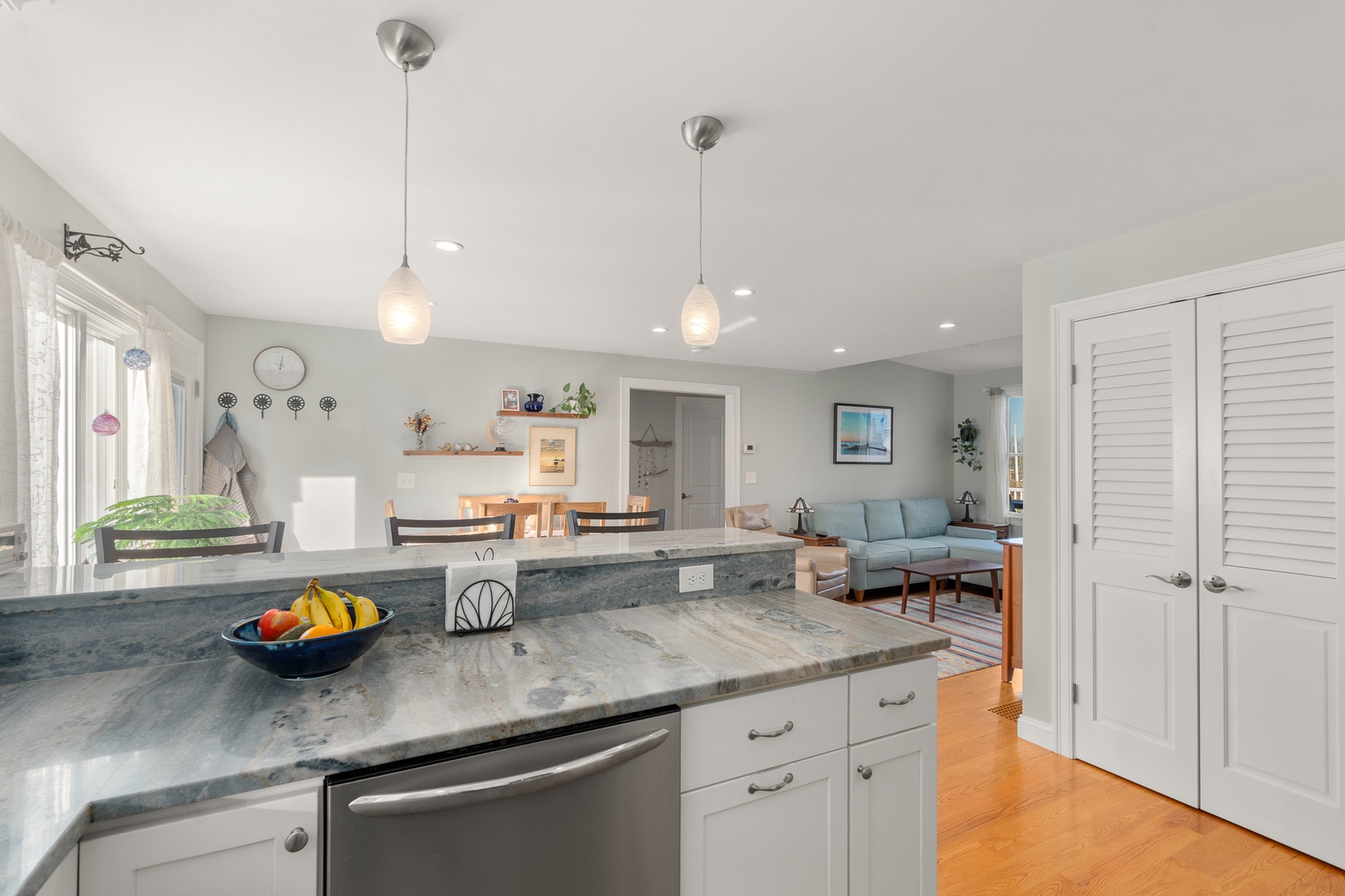 The kitchen has ample counter and storage space.