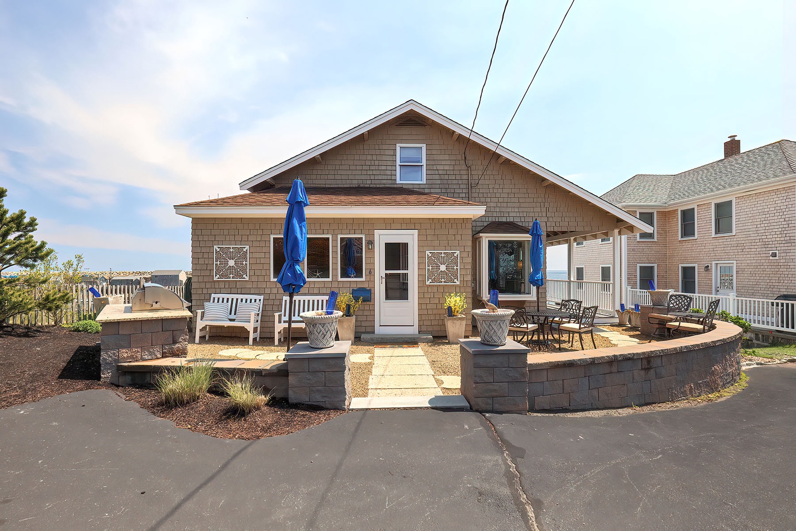 Enter through the front of the home.