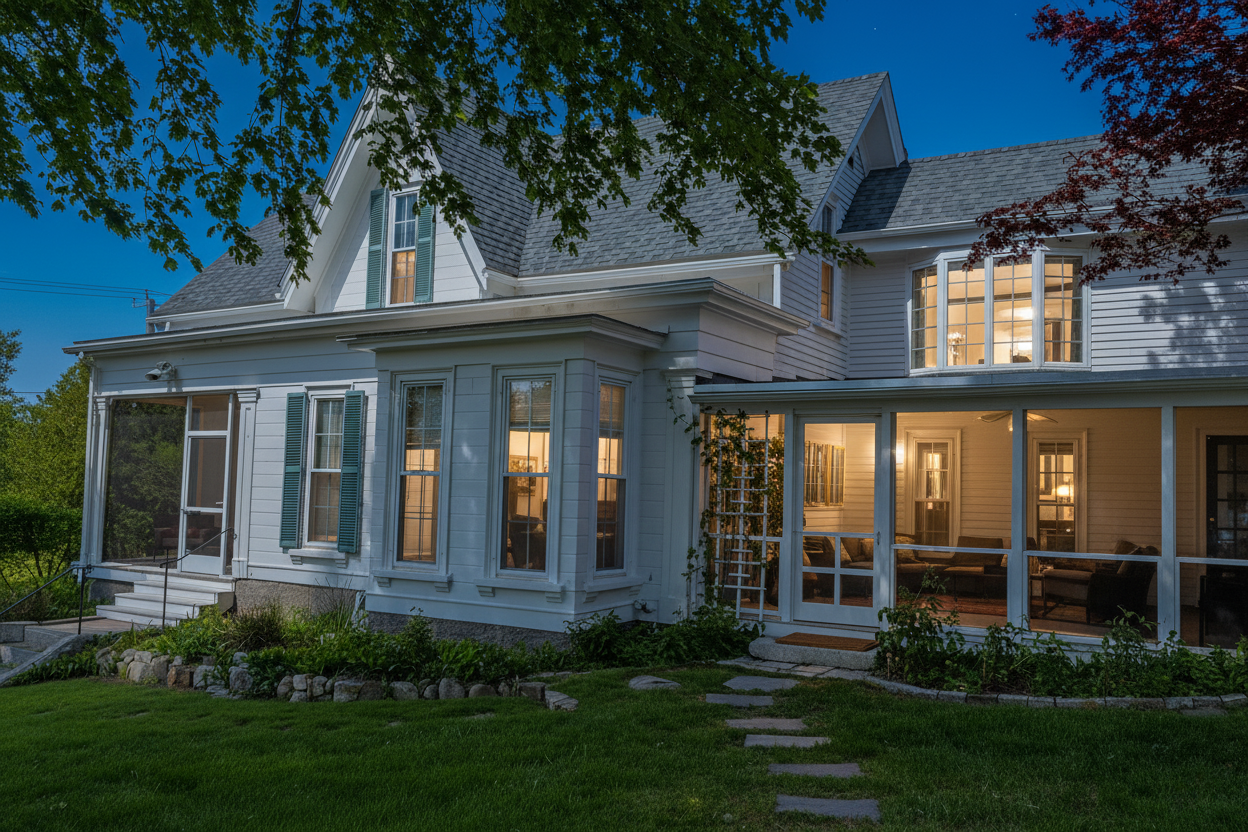 Pleasant House at night.