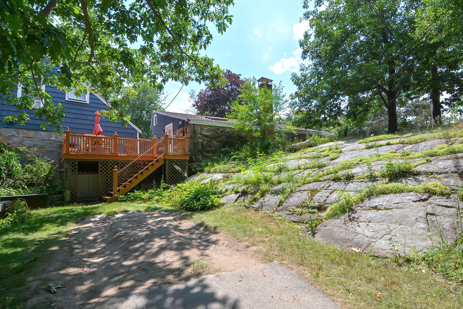 The tree-shaded driveway.