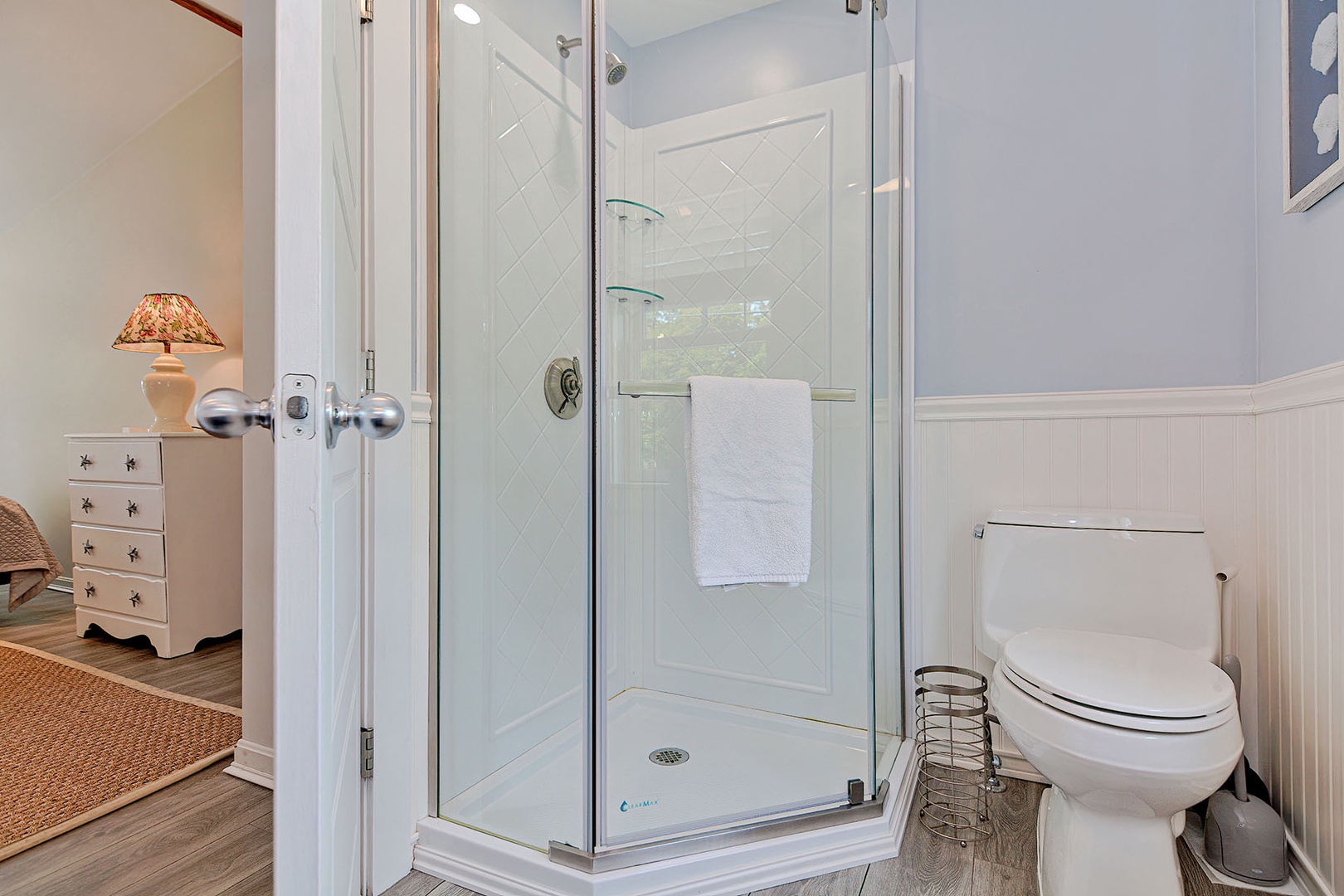 The Primary ensuite bath is a full bath with walk-in shower.