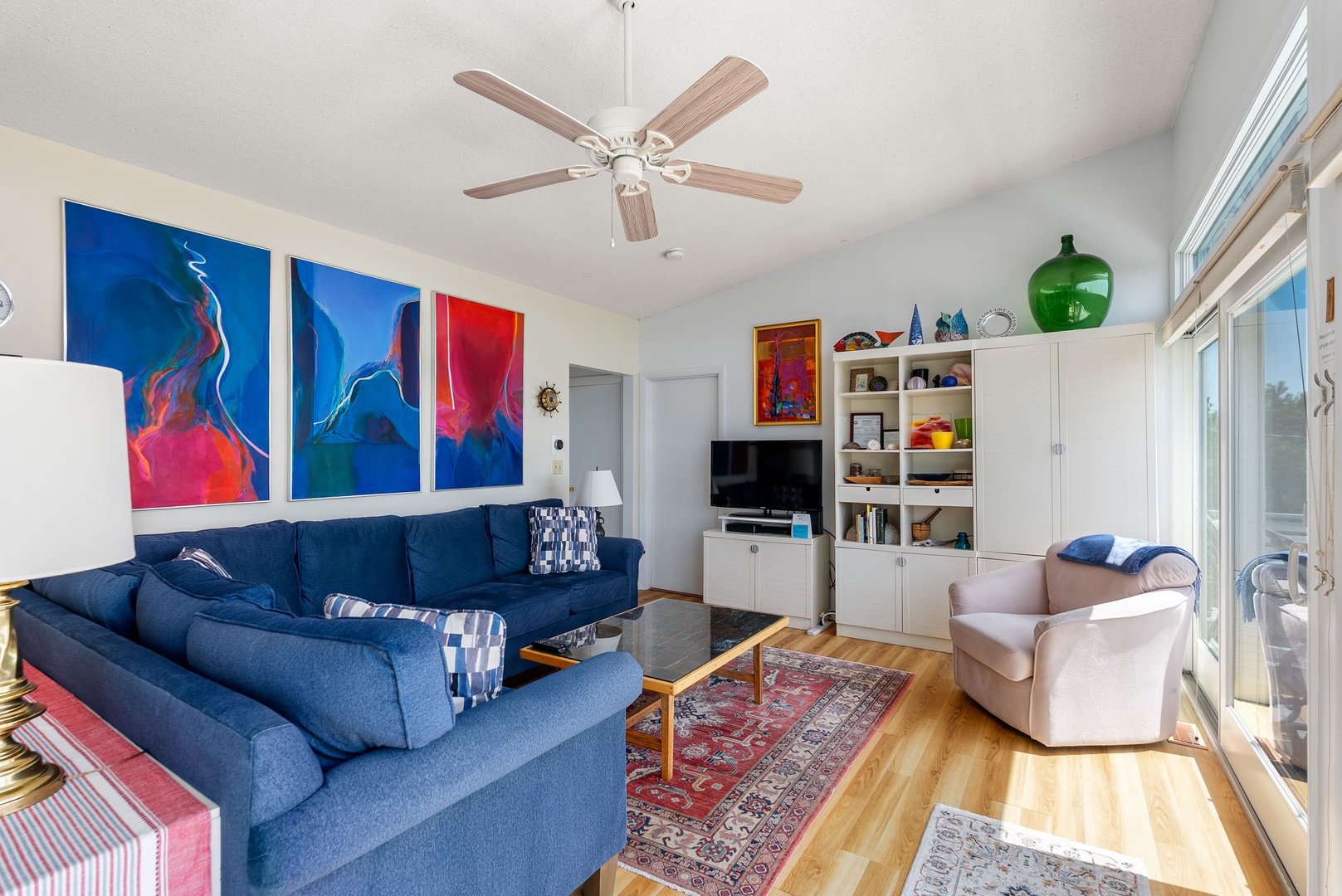 Living room with sectional sofa and a view.