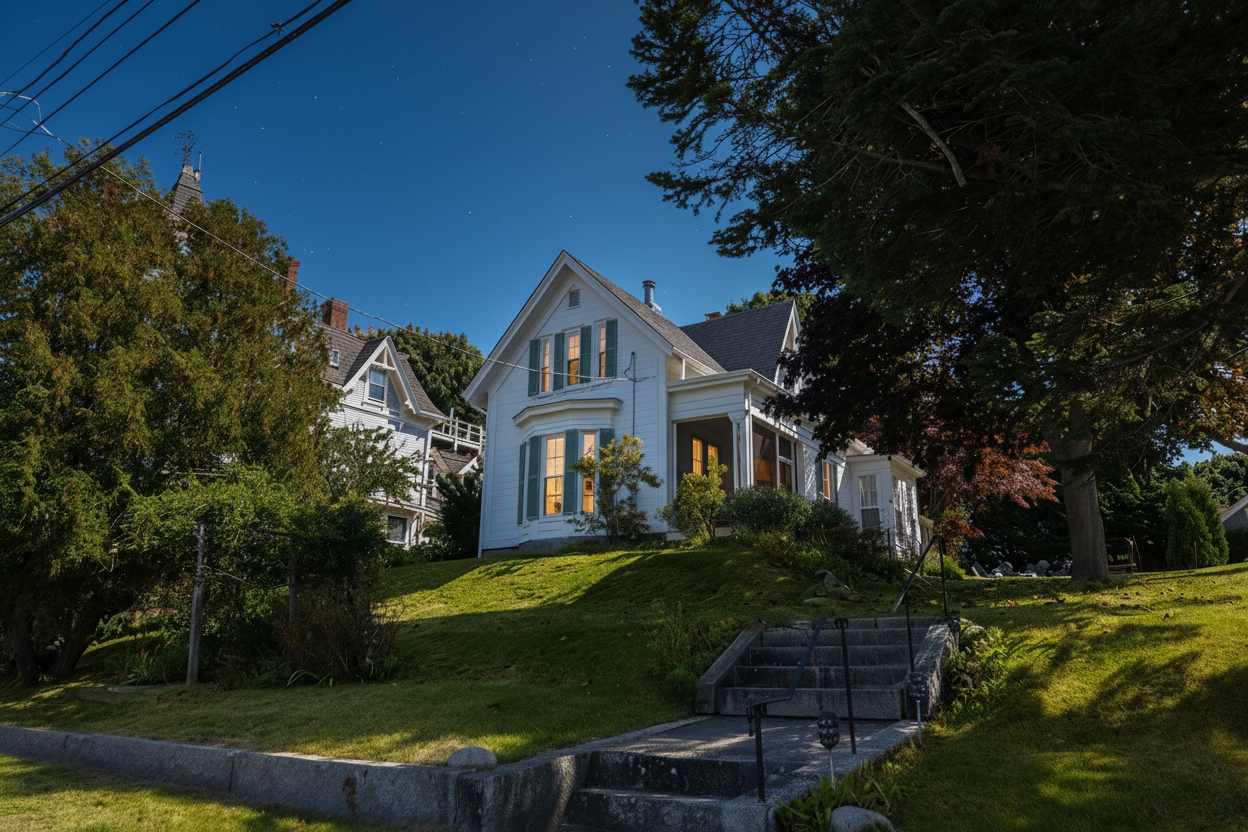 Pleasant House at night.