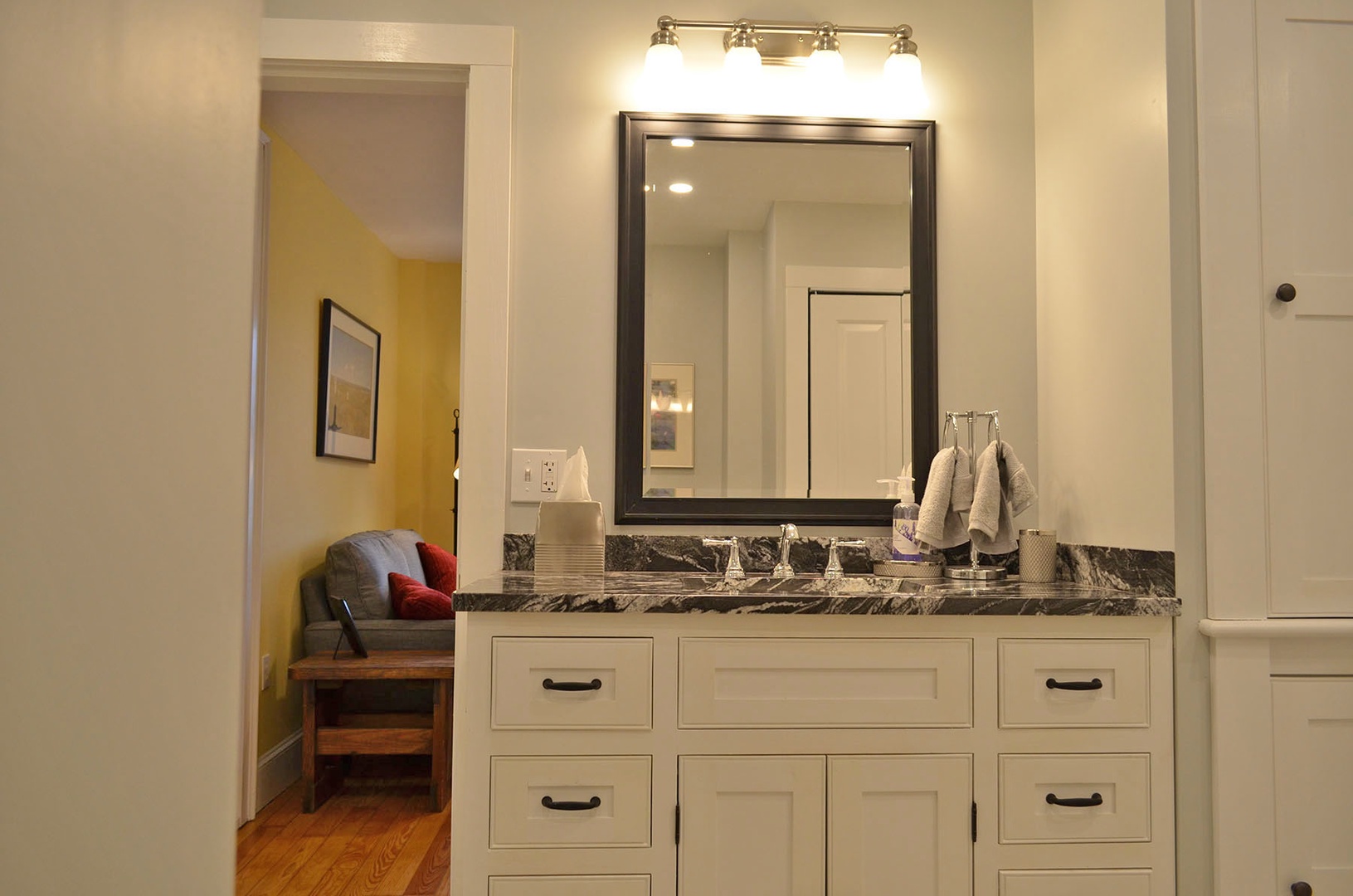 The vanity in the first-floor full bath.