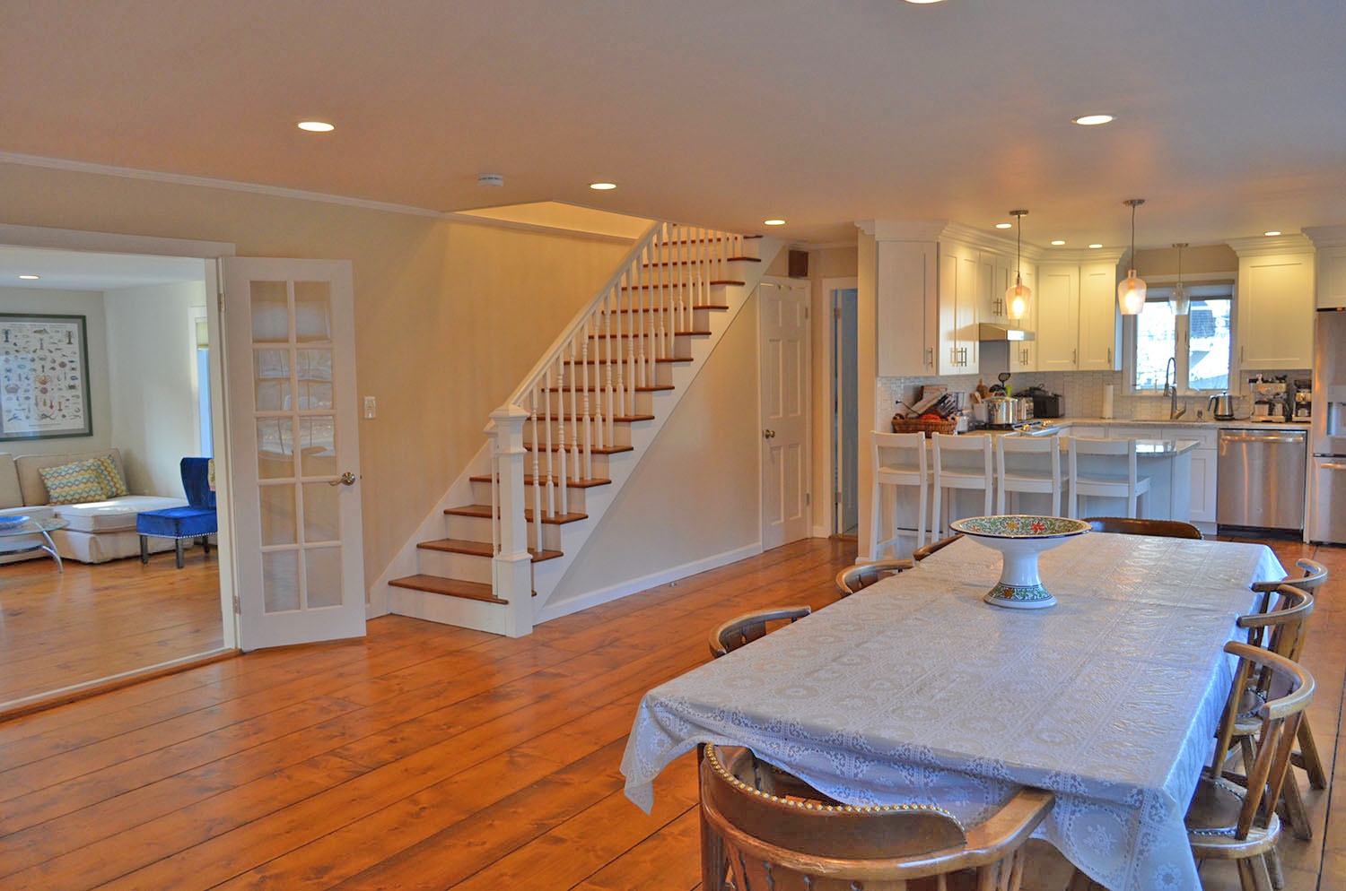 View into the kitchen from the dining room.