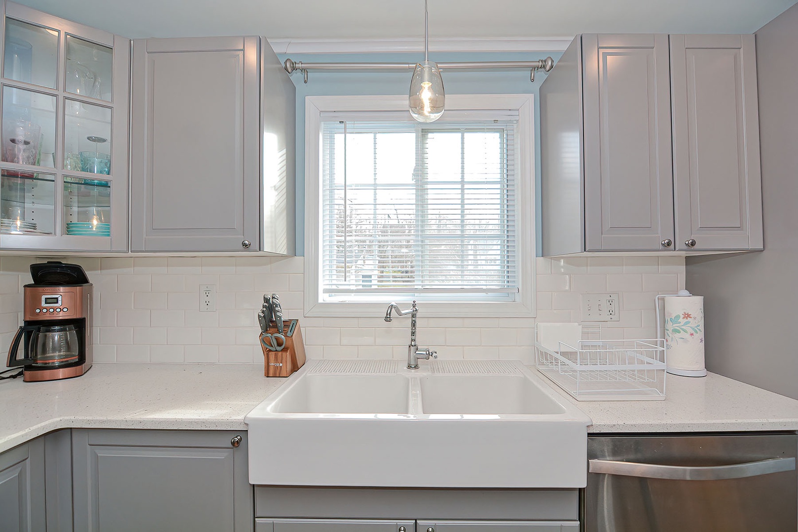 A kitchen feature is the farmer's apron-front sink.