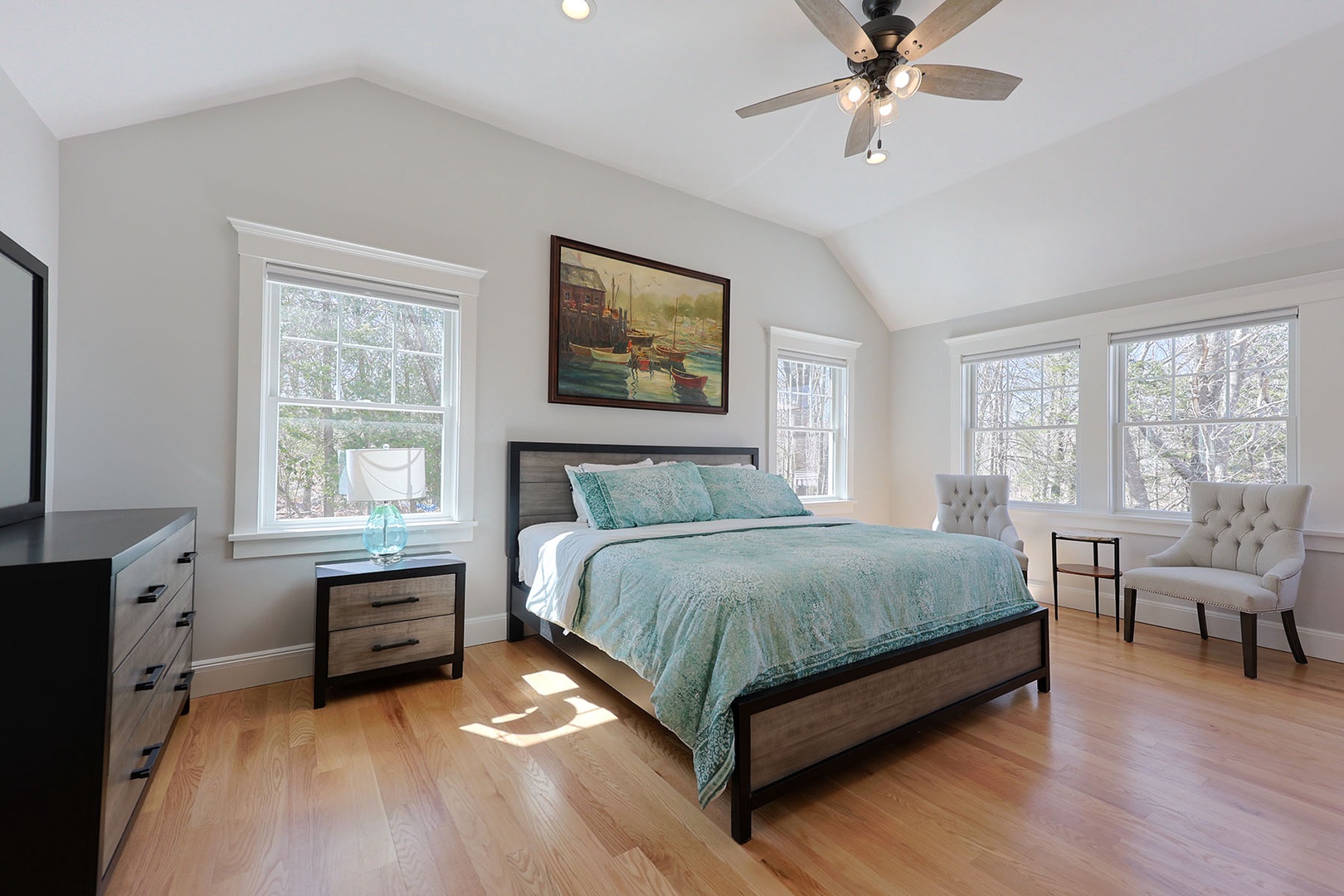 Primary bedroom with king bed.