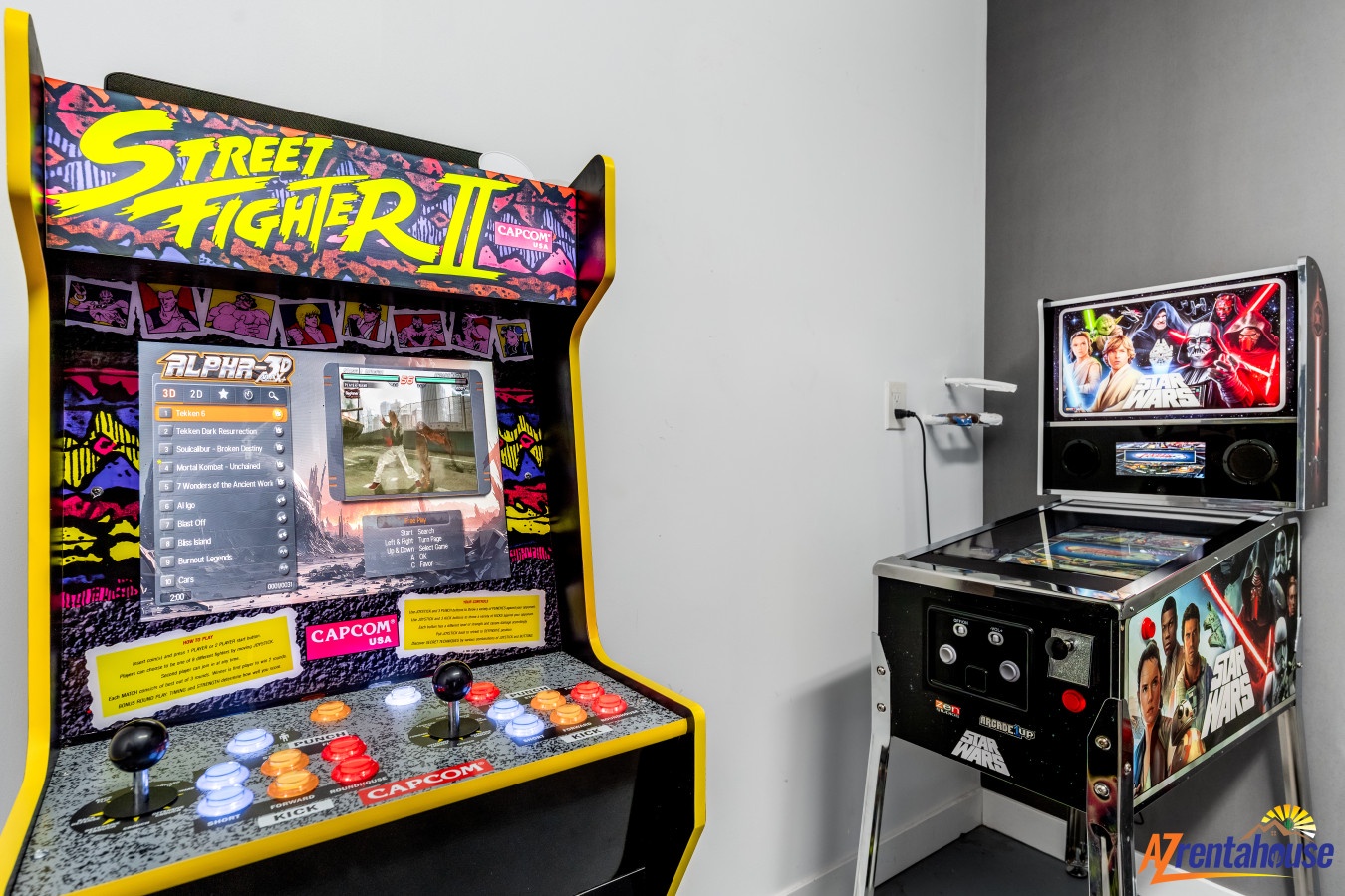 Challenge friends to classic arcade battles and pinball fun in your game room retreat.